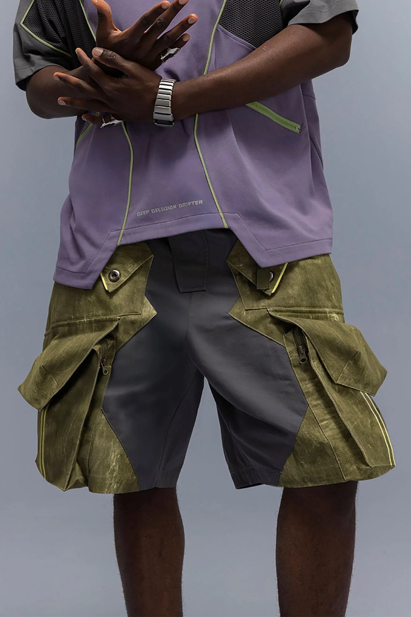 XIPHEVIL Washed Contrast Panel Pocket Utility Shorts Green