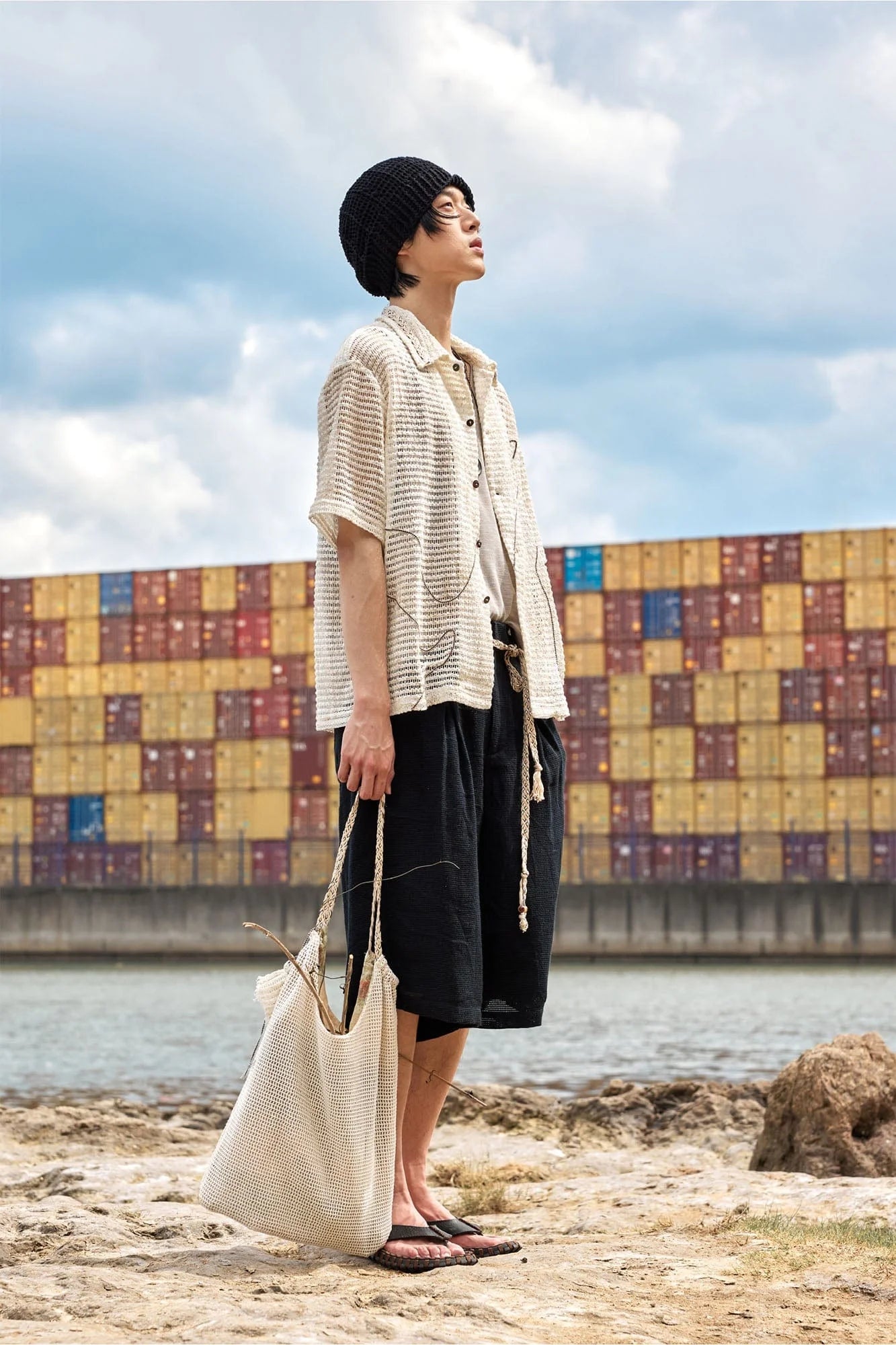ALVNG AR ANTS Textured Mesh Pleated Braided Tassel Belt Shorts