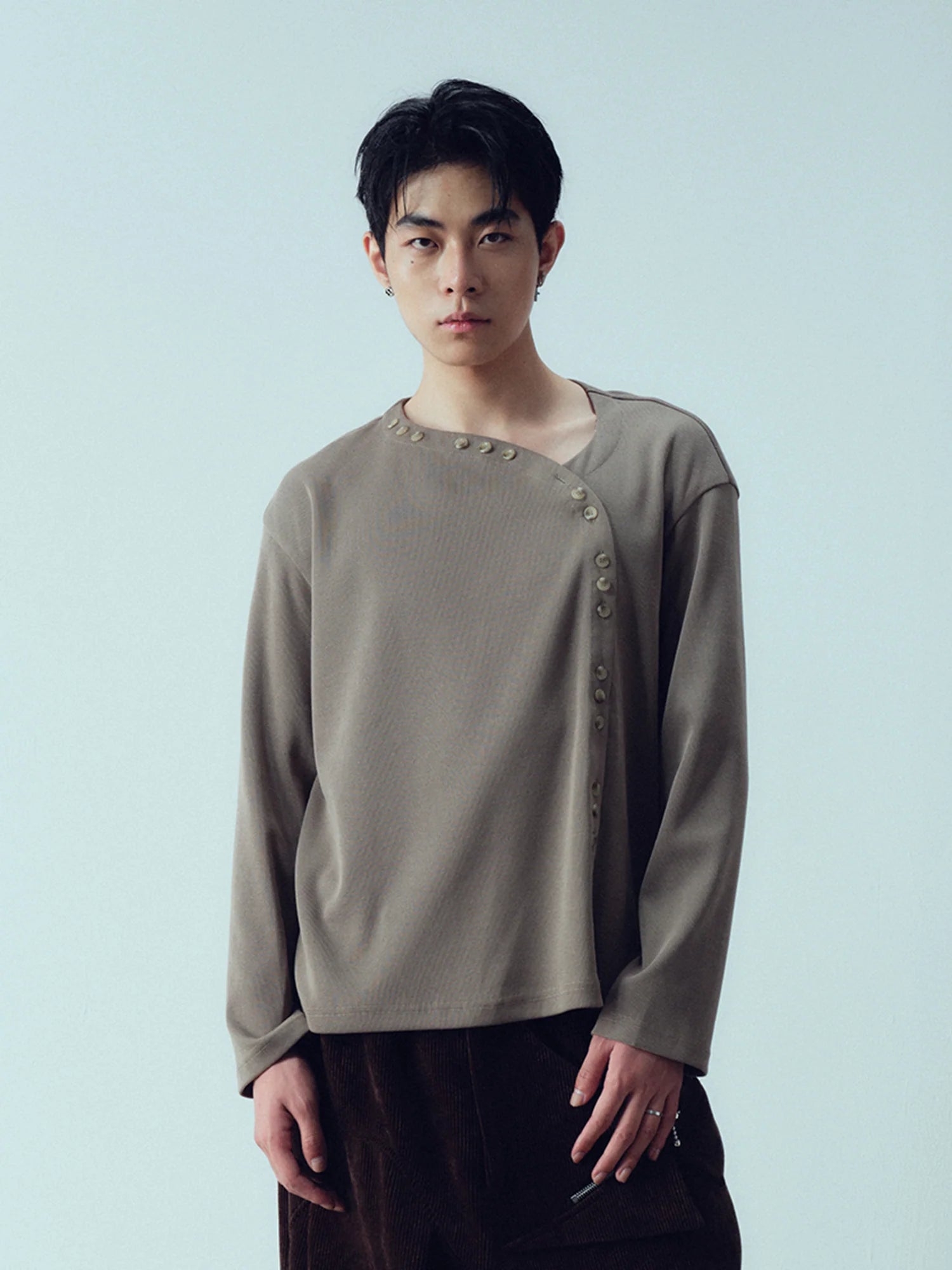 KADAKADA Buttoned Curved Placket Ribbed Knit Top