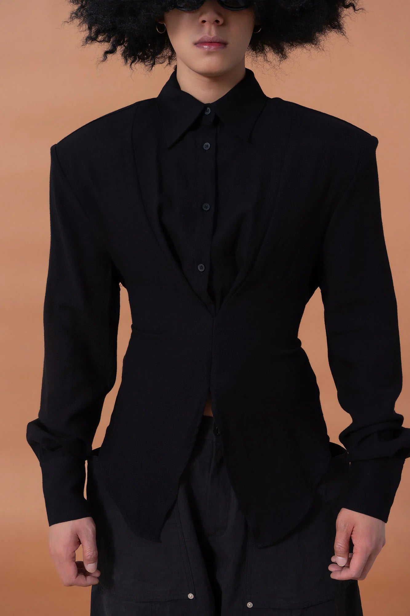 CLP Padded-Shoulder Tie-Waist Shirt