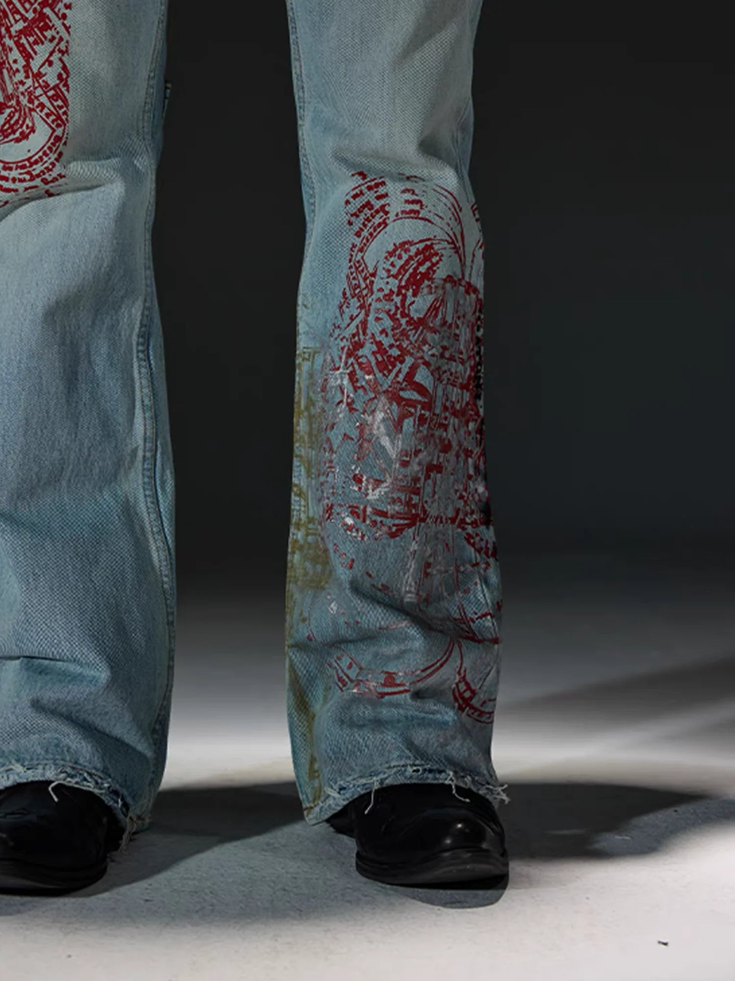 NOTHINGNESS WORLD Distressed Stamp-Print Flare Jeans