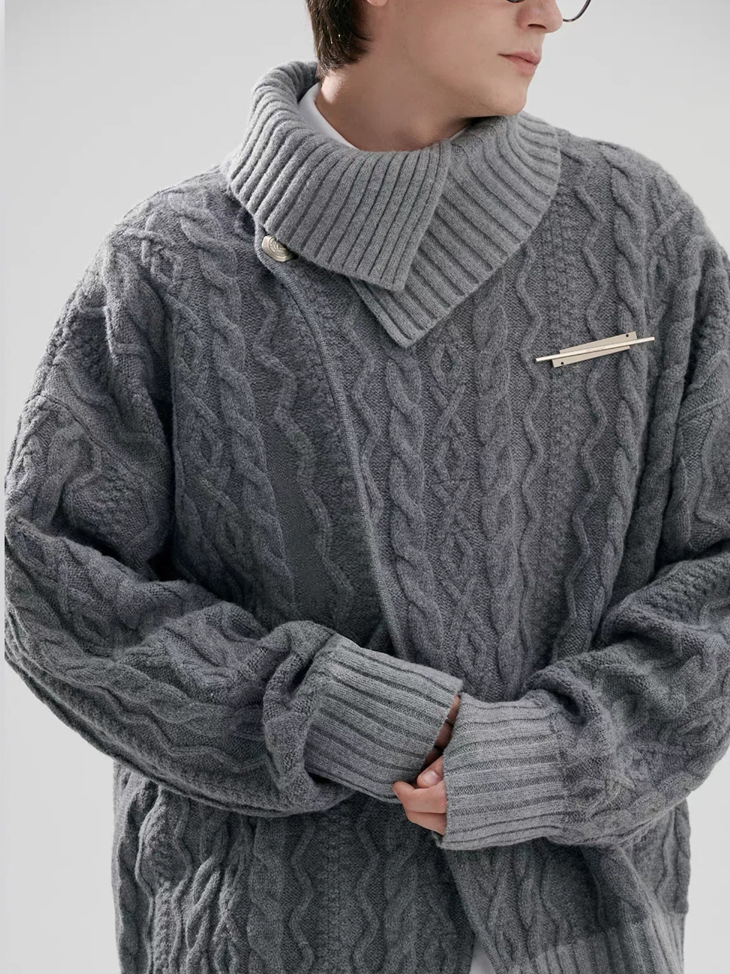 TIWILLTANG Crossed Cable-Knit Shawl-Collar Cardigan