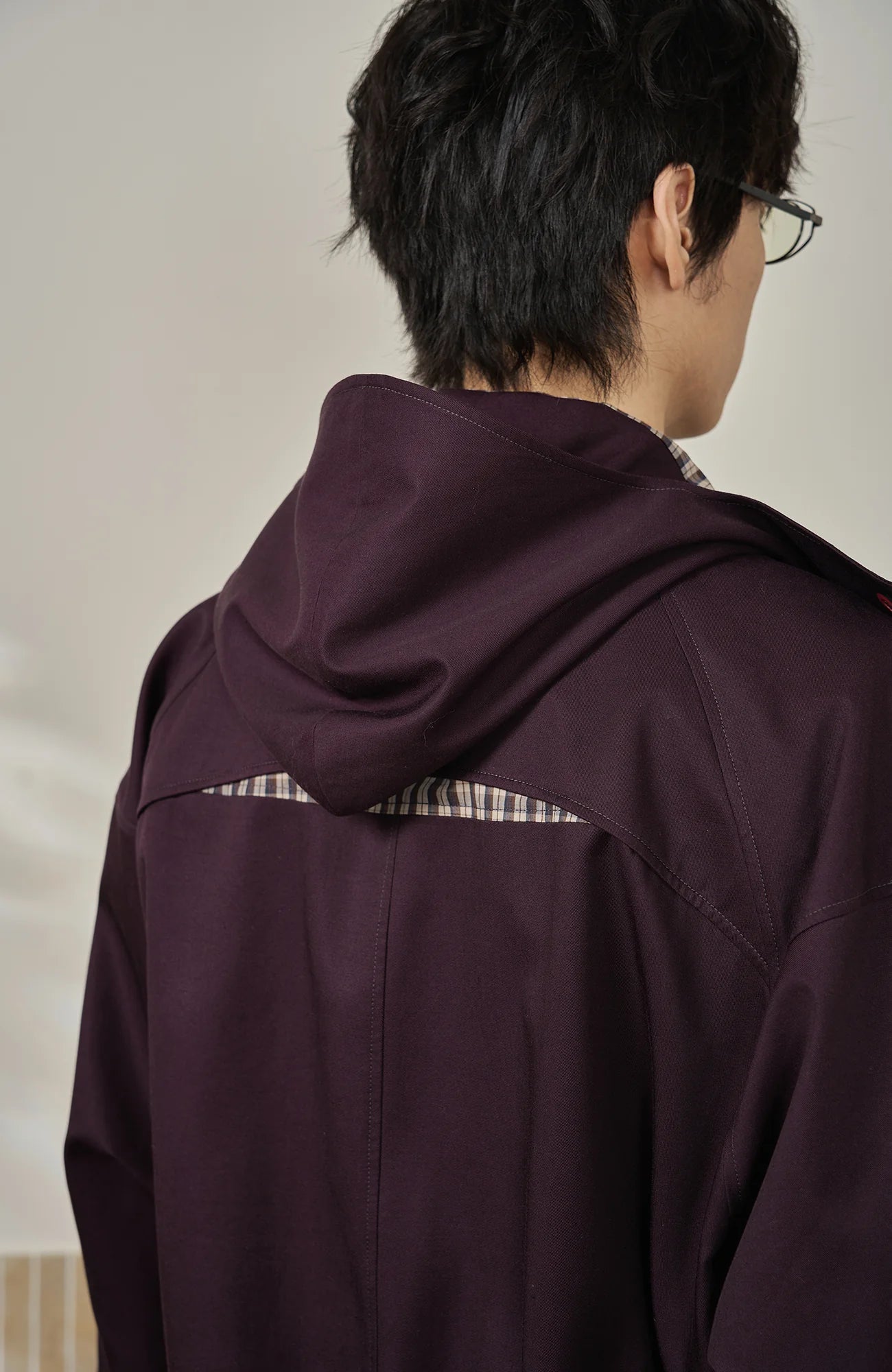 MOITIEDEPETALE Convertible Collar & Hood Plaid Pocket Jacket