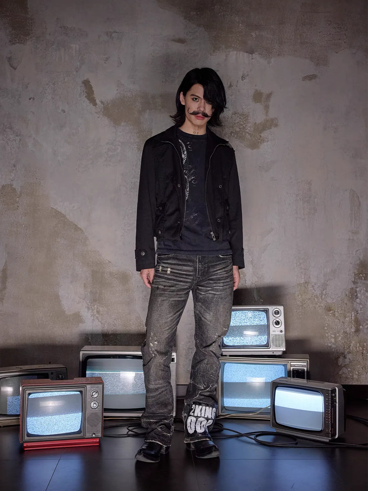 NOTHINGNESS WORLD Distressed Ripple-Wash Graphic Denim Pants