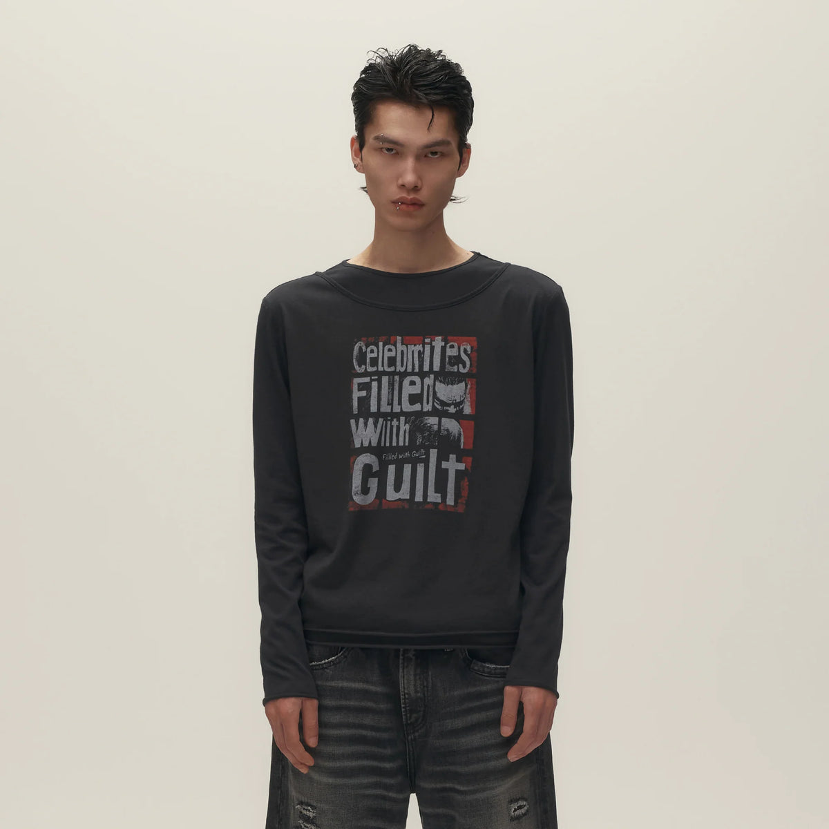 SAVAGEGROWTHWORLD Graphic Double-Layer Neckline Long-Sleeve Tee