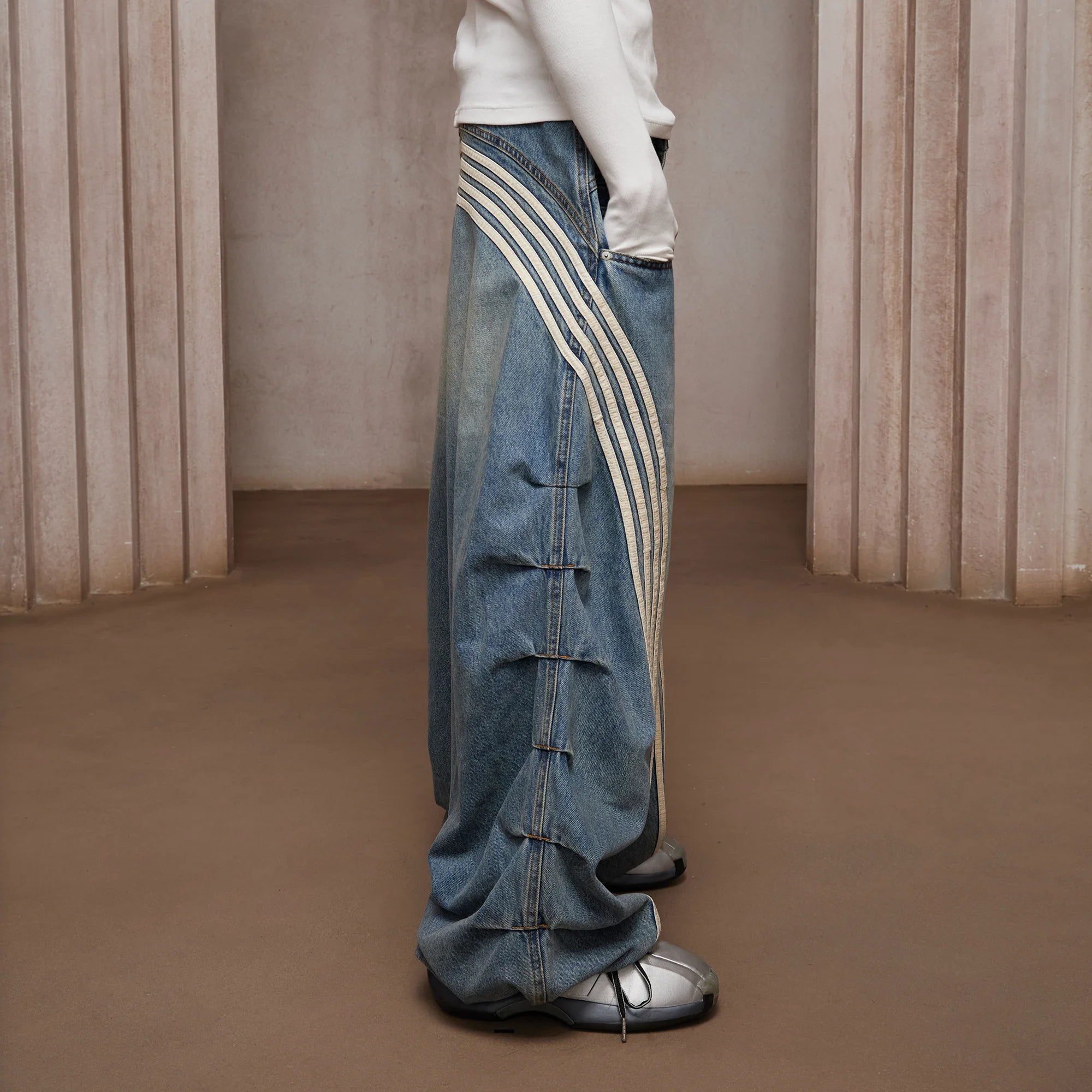 DND4DES Washed Ruched Striped Baggy Jeans