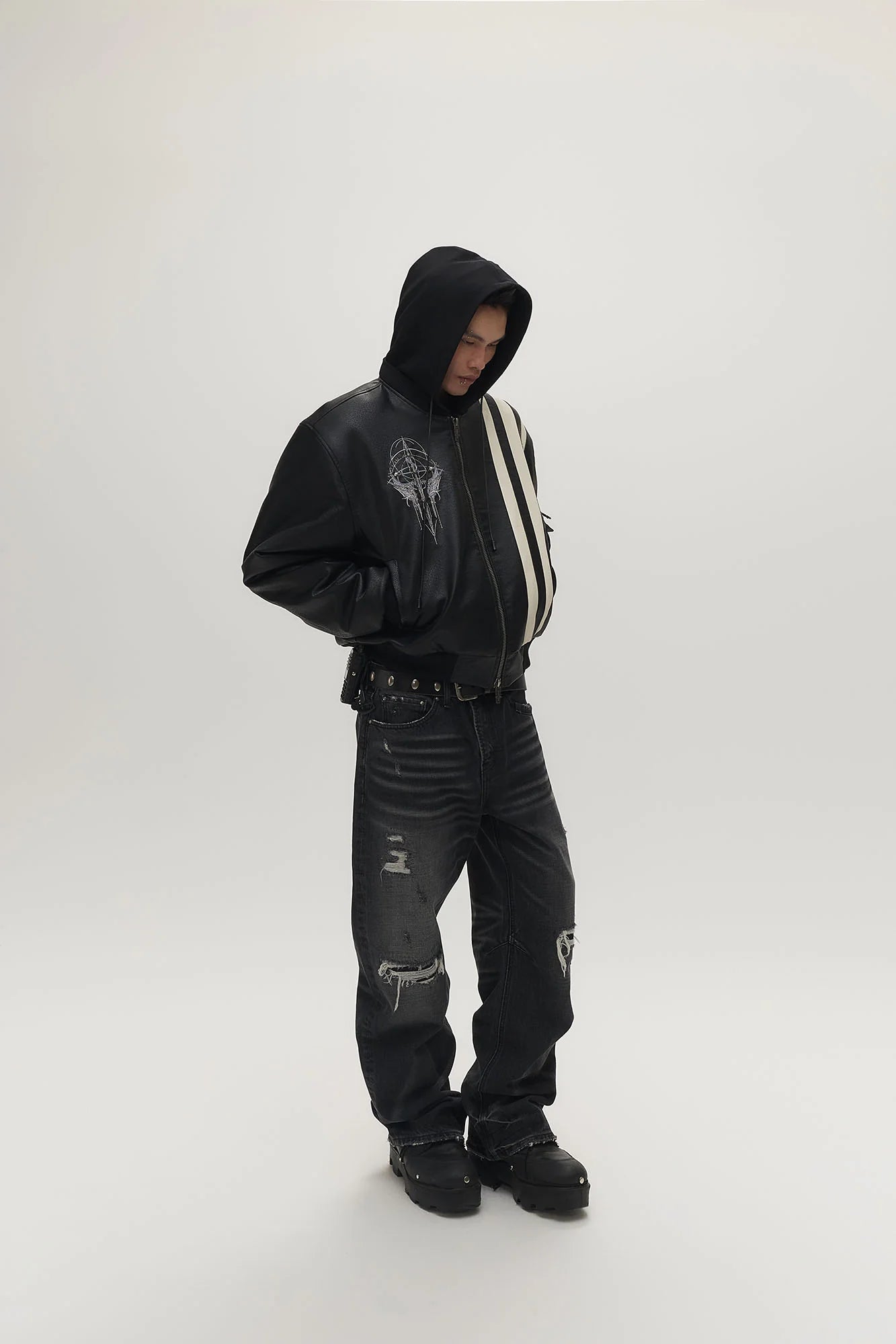 SAVAGEGROWTHWORLD Striped Faux Leather Padded Bomber Jacket
