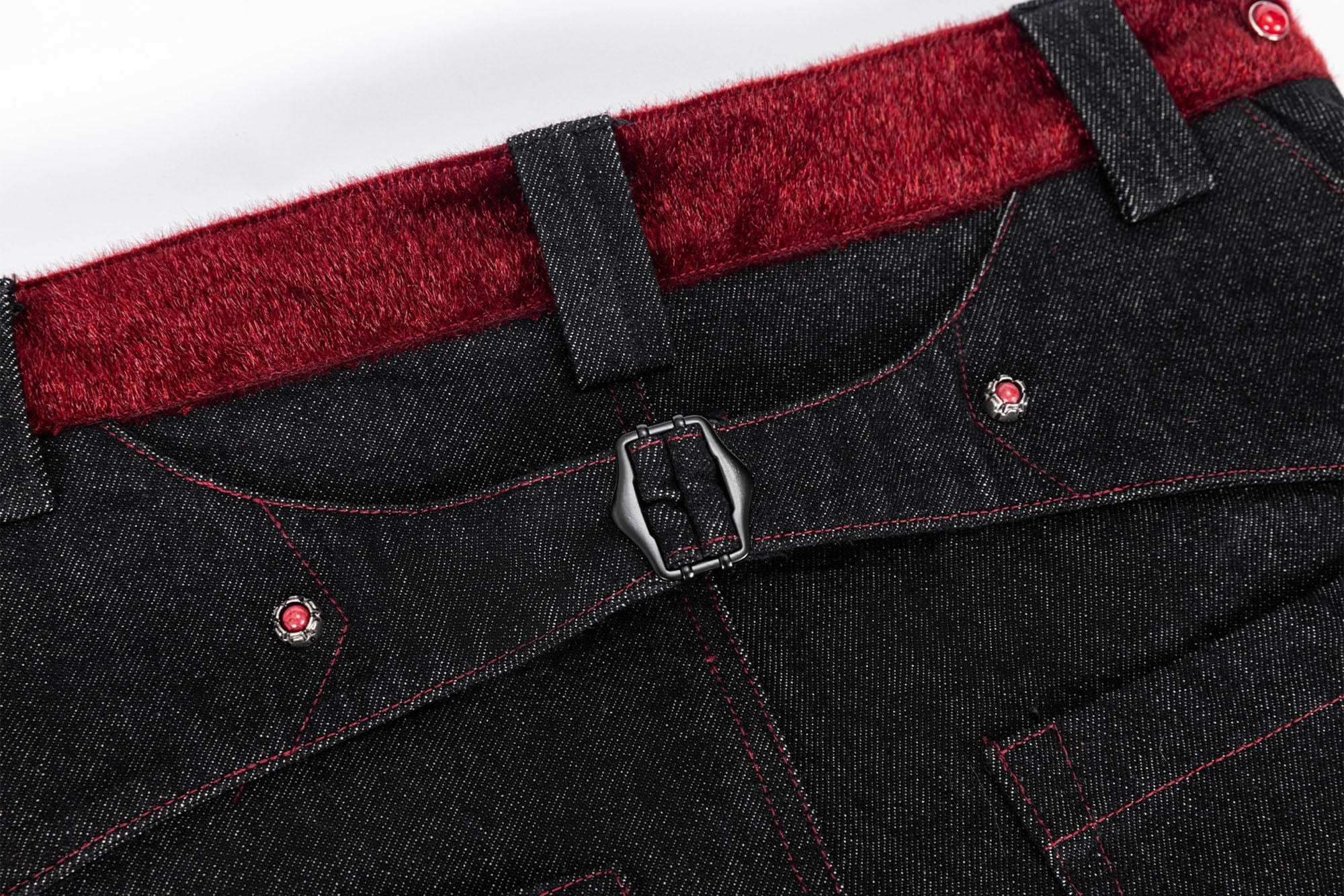 ESAIAS Vermilion Stitch Red Turquoise Curved Denim Pants