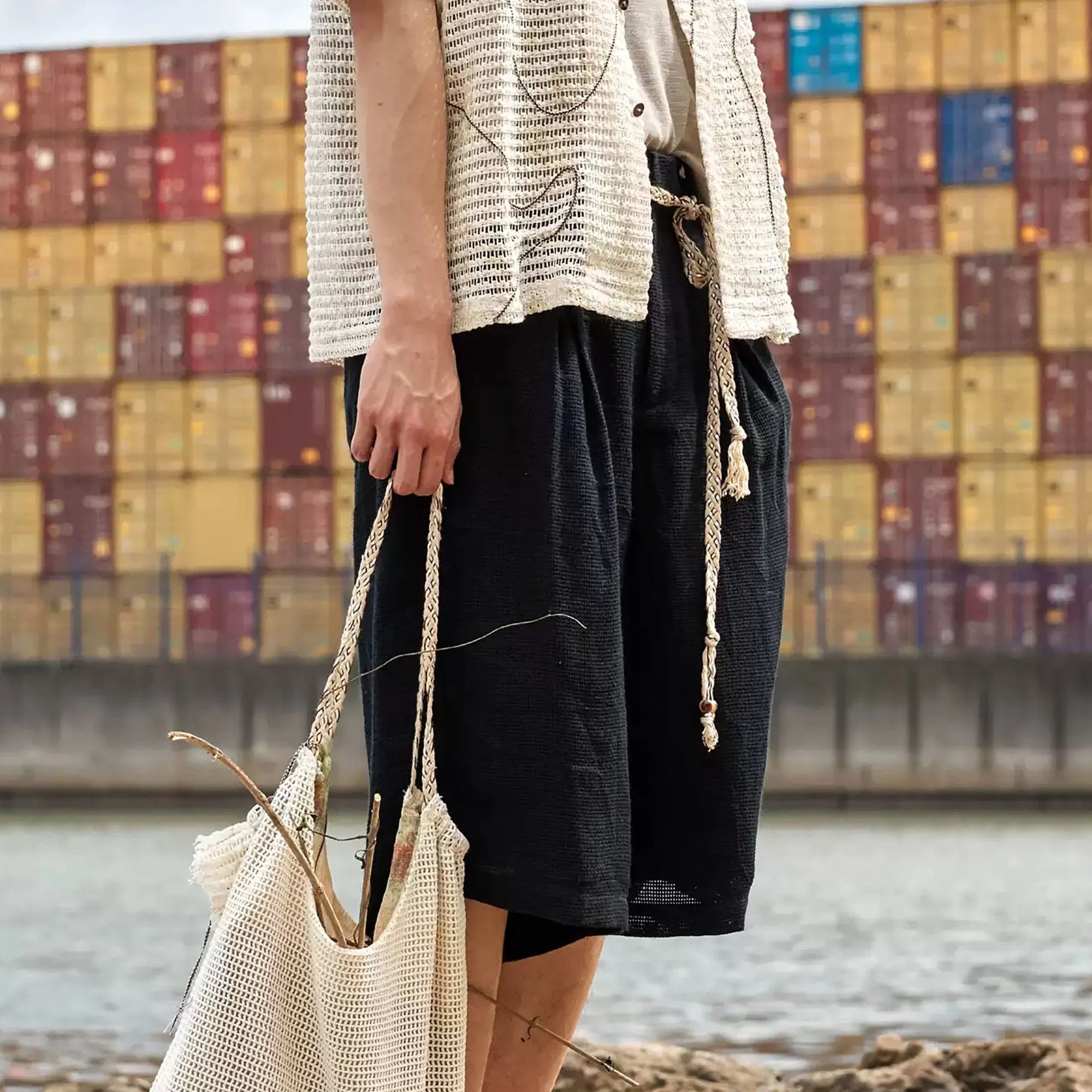 ALVNG AR ANTS Textured Mesh Pleated Braided Tassel Belt Shorts