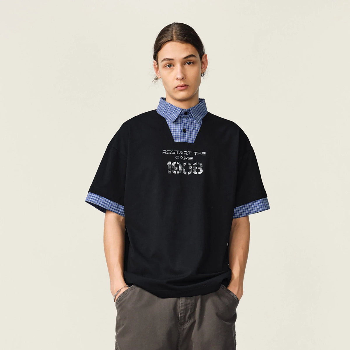 OVDY Layered Plaid Panel Mock Shirt T-Shirt