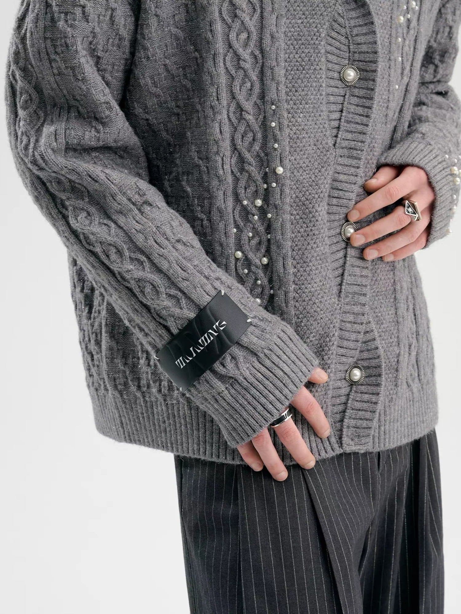 TIWILLTANG Pearl-Embellished Cable Knit Cardigan