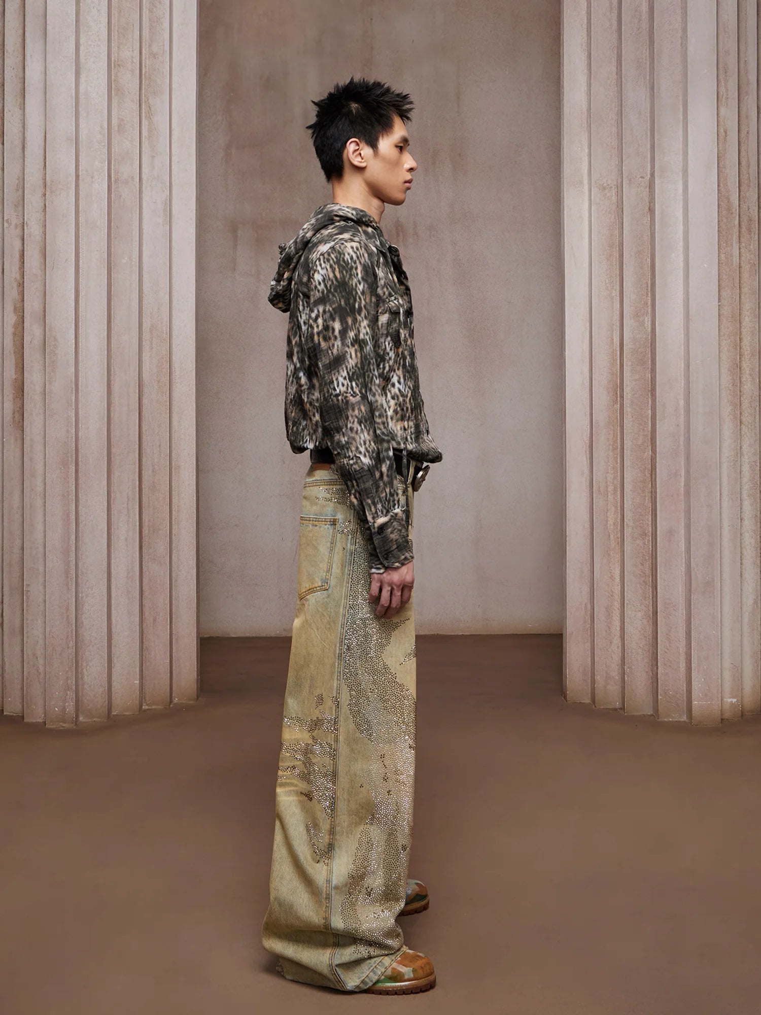 DND4DES Dirty-Washed Diamond Wide-Leg Jeans Yellow