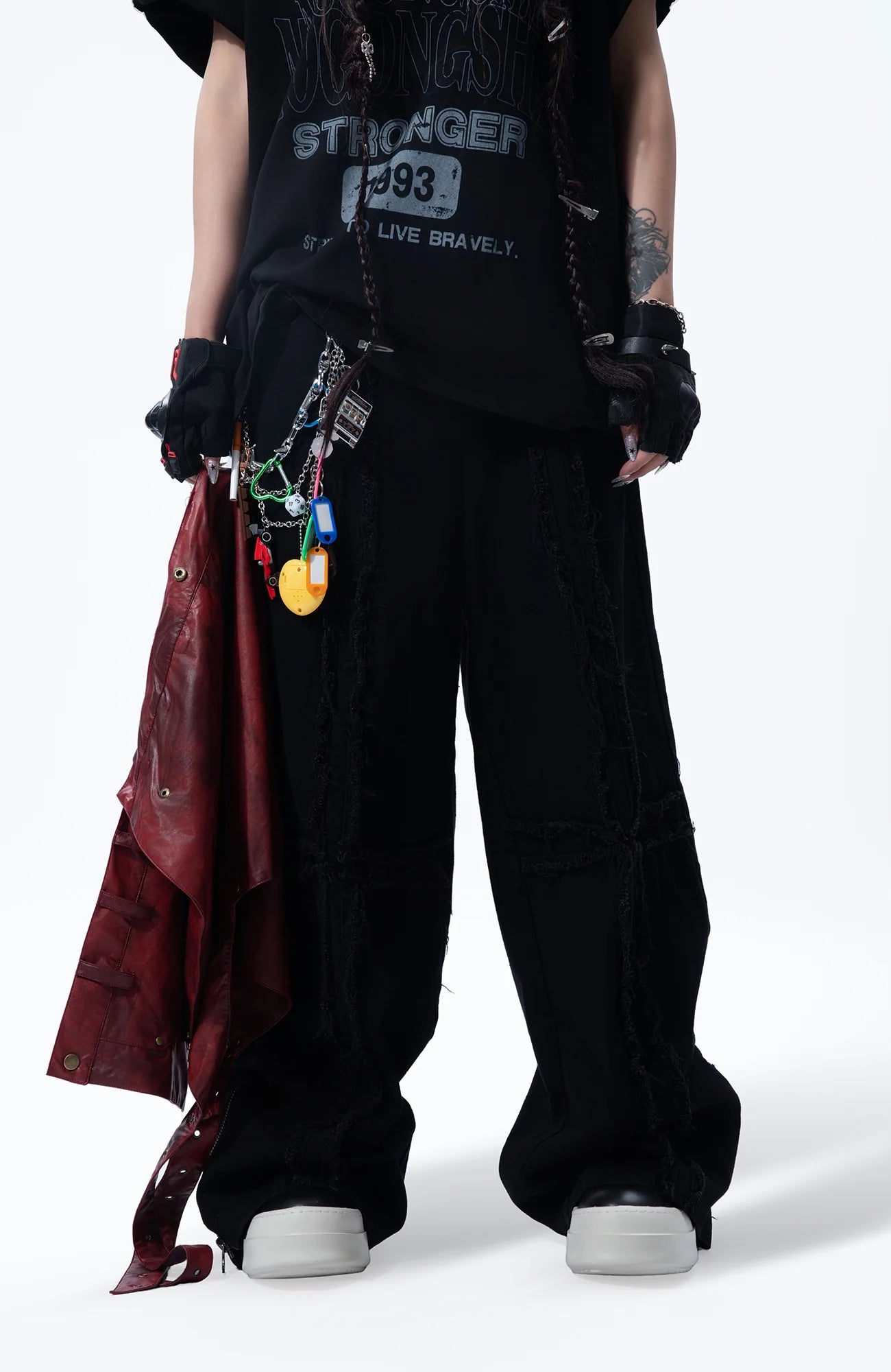 MOGONGSHE Detachable PU Drape  Frayed Cross Jeans