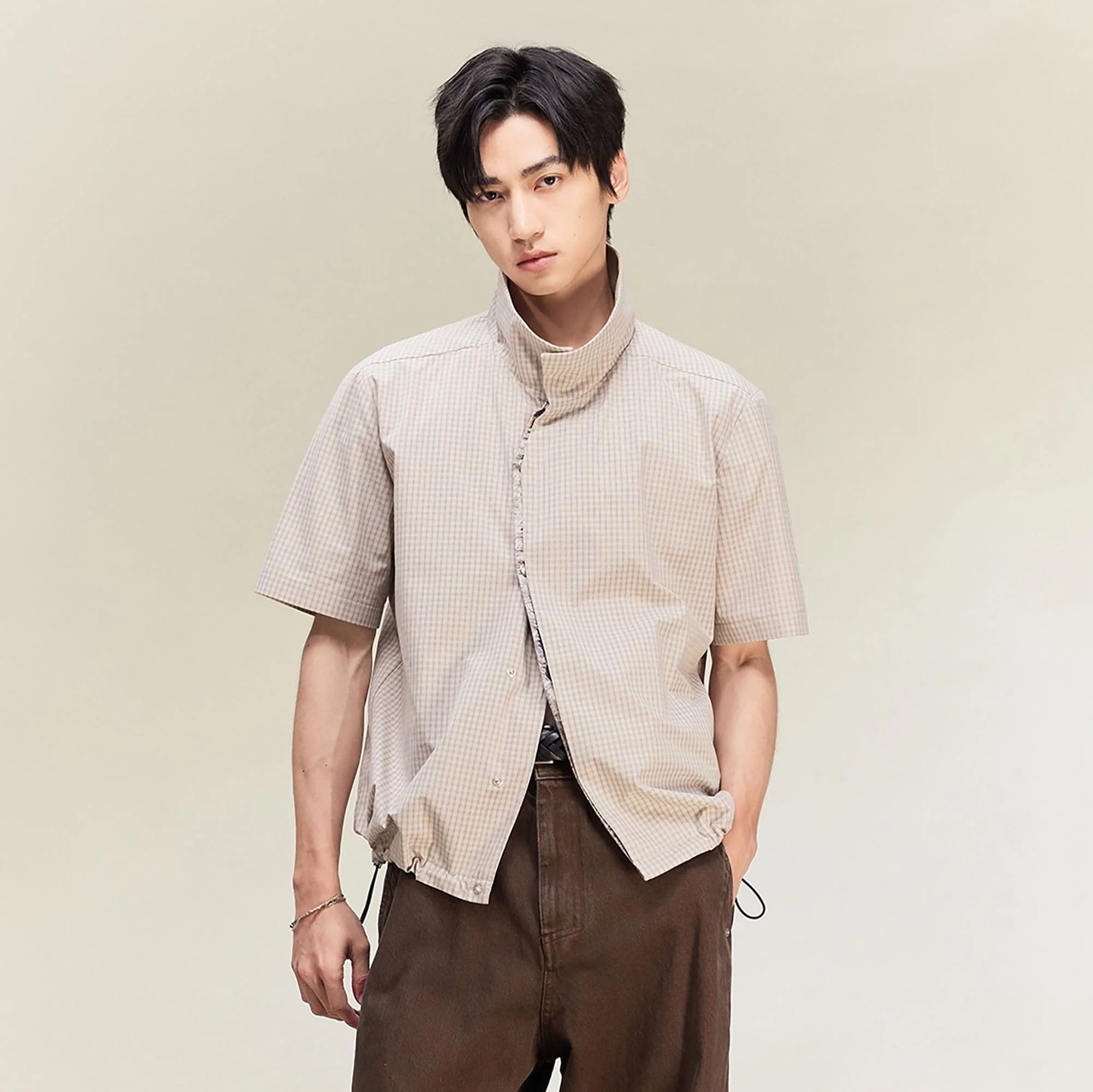 ALVNG AR ANTS Asymmetrical Snap Placket Mini Check Half Shirt