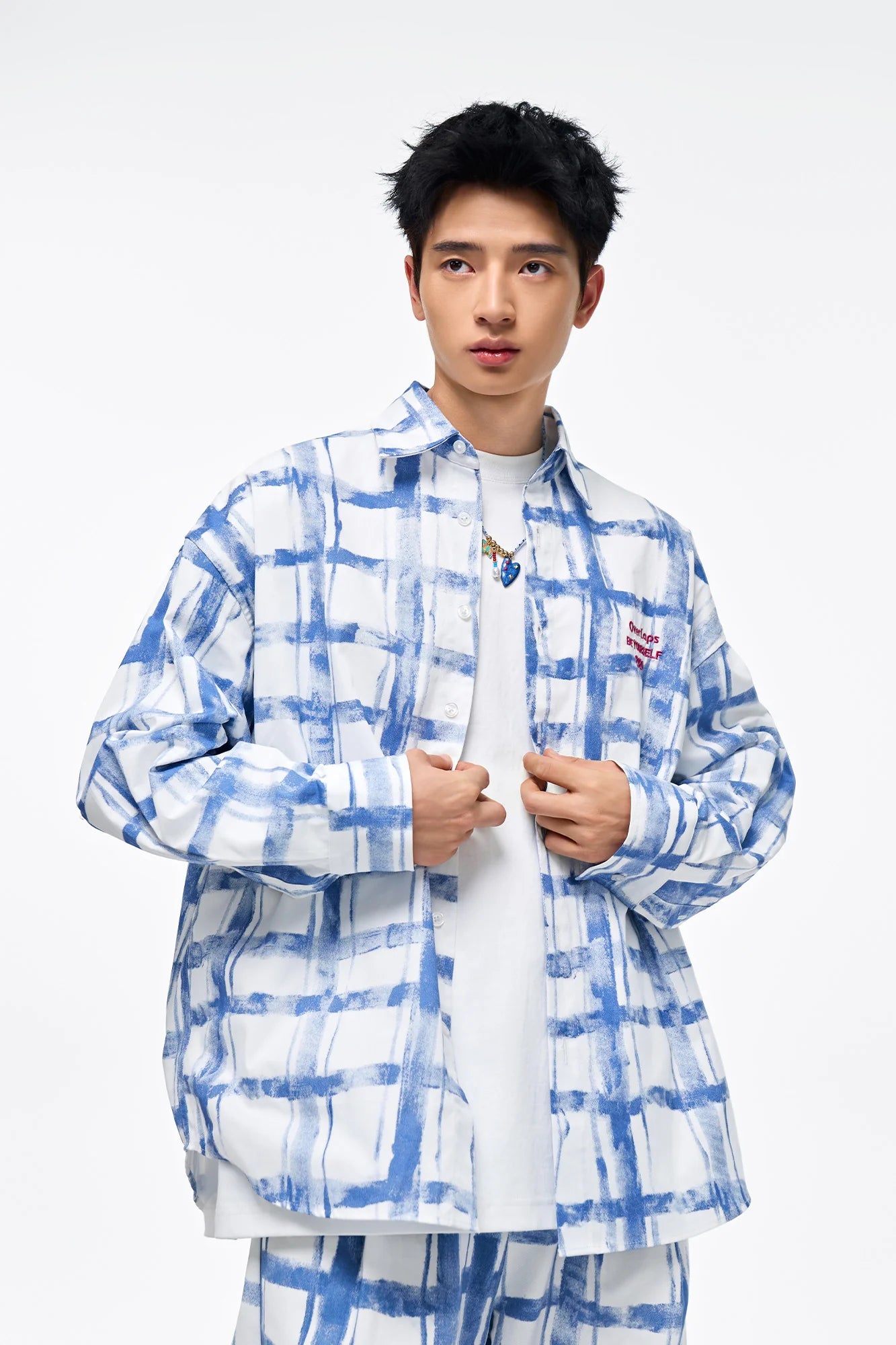 OVERLAPS Brush-Paint Grid Oversized Shirt