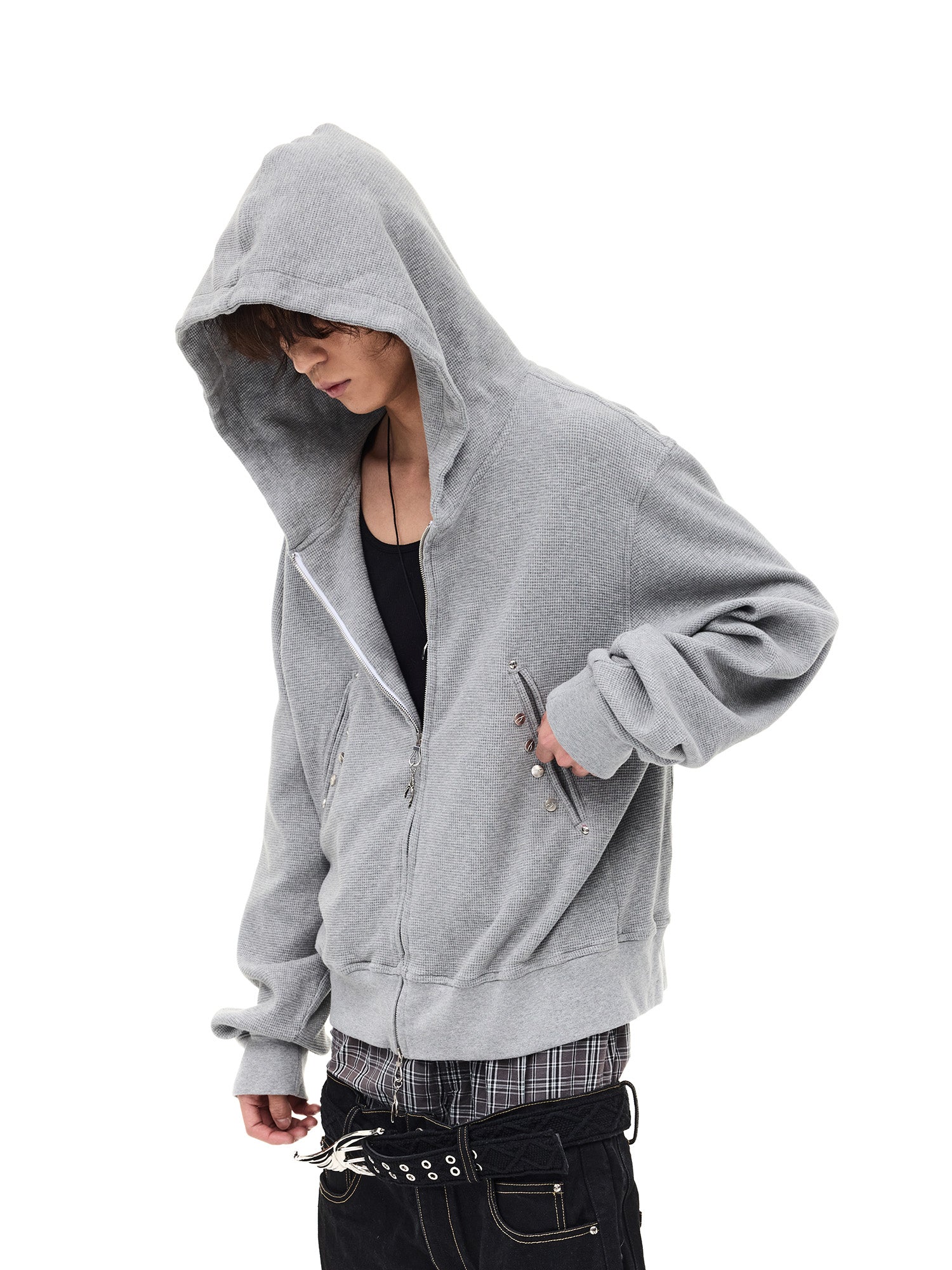 WHISTLEHUNTER Washed Waffle Studded Zip-Up Hoodie