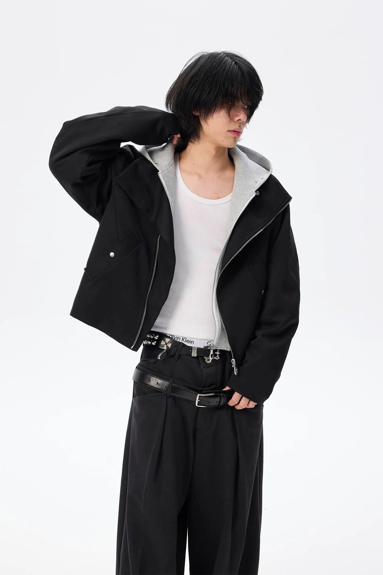 WHISTLEHUNTER Asymmetrical Zipper Detachable Hooded Layered Jacket