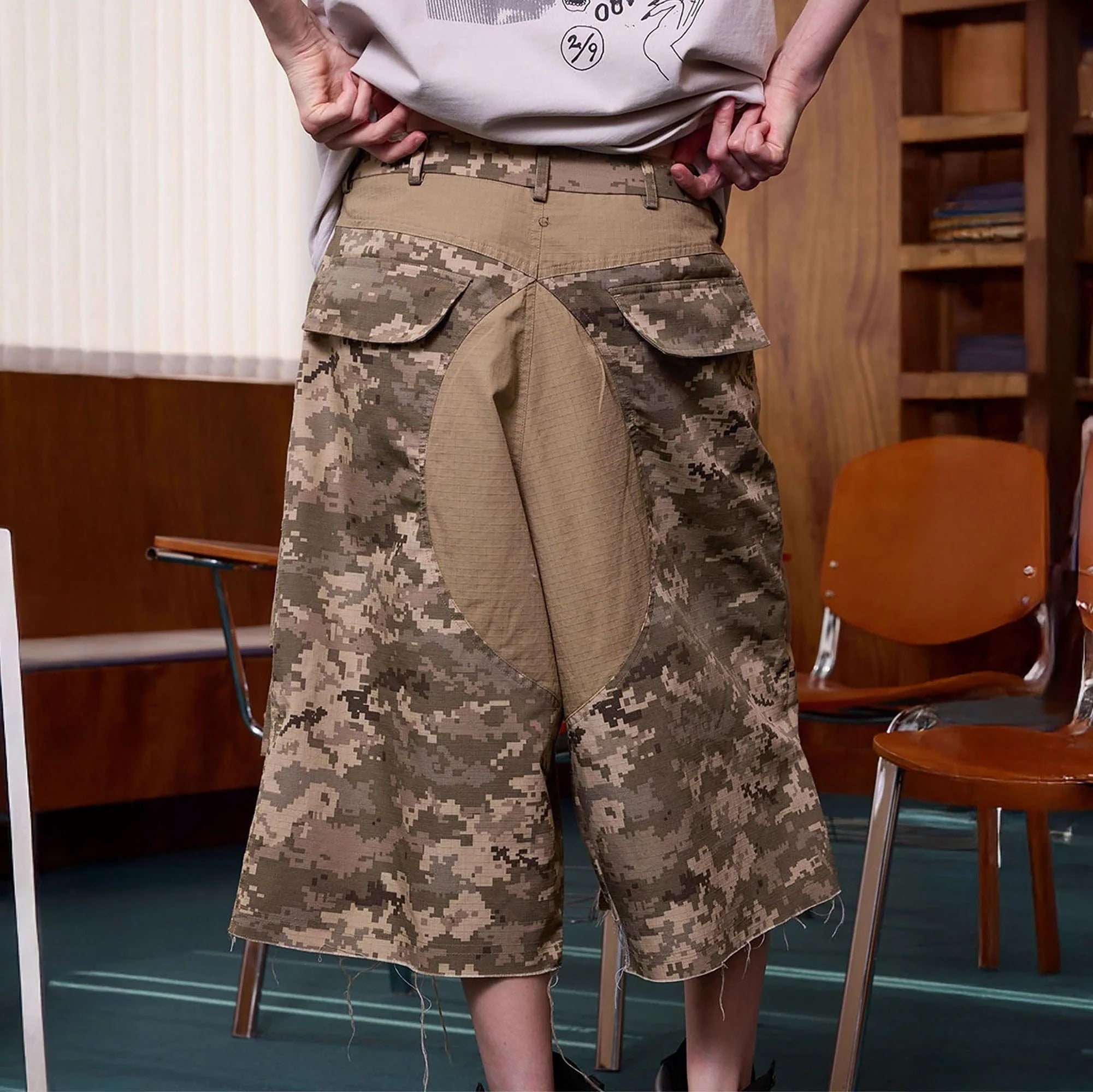 ERROR CODE ROBOT Washed Paneled Frayed-Hem Camo Cargo Shorts