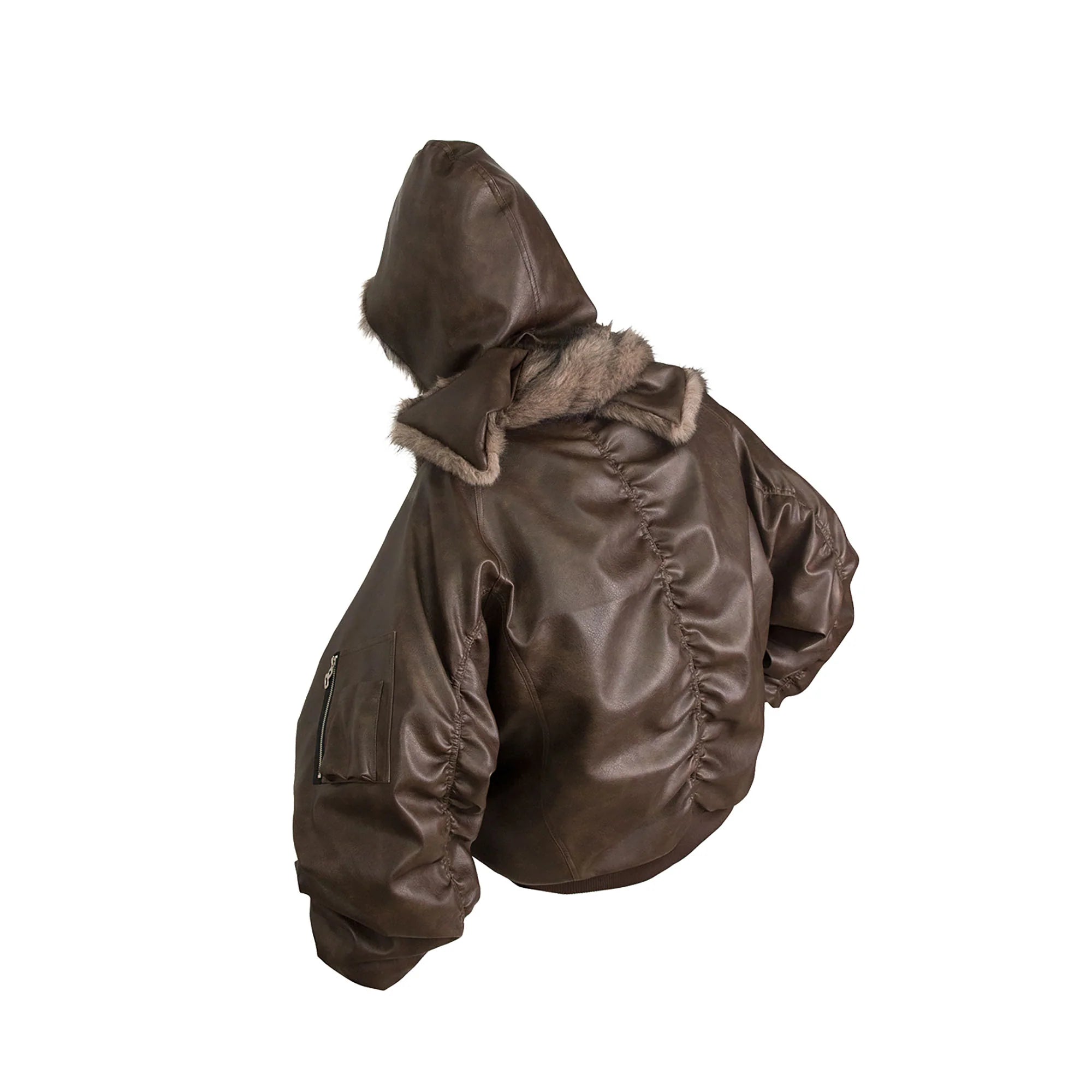 RELABEL Detachable Plush Scarf Ruched Hooded Jacket Brown