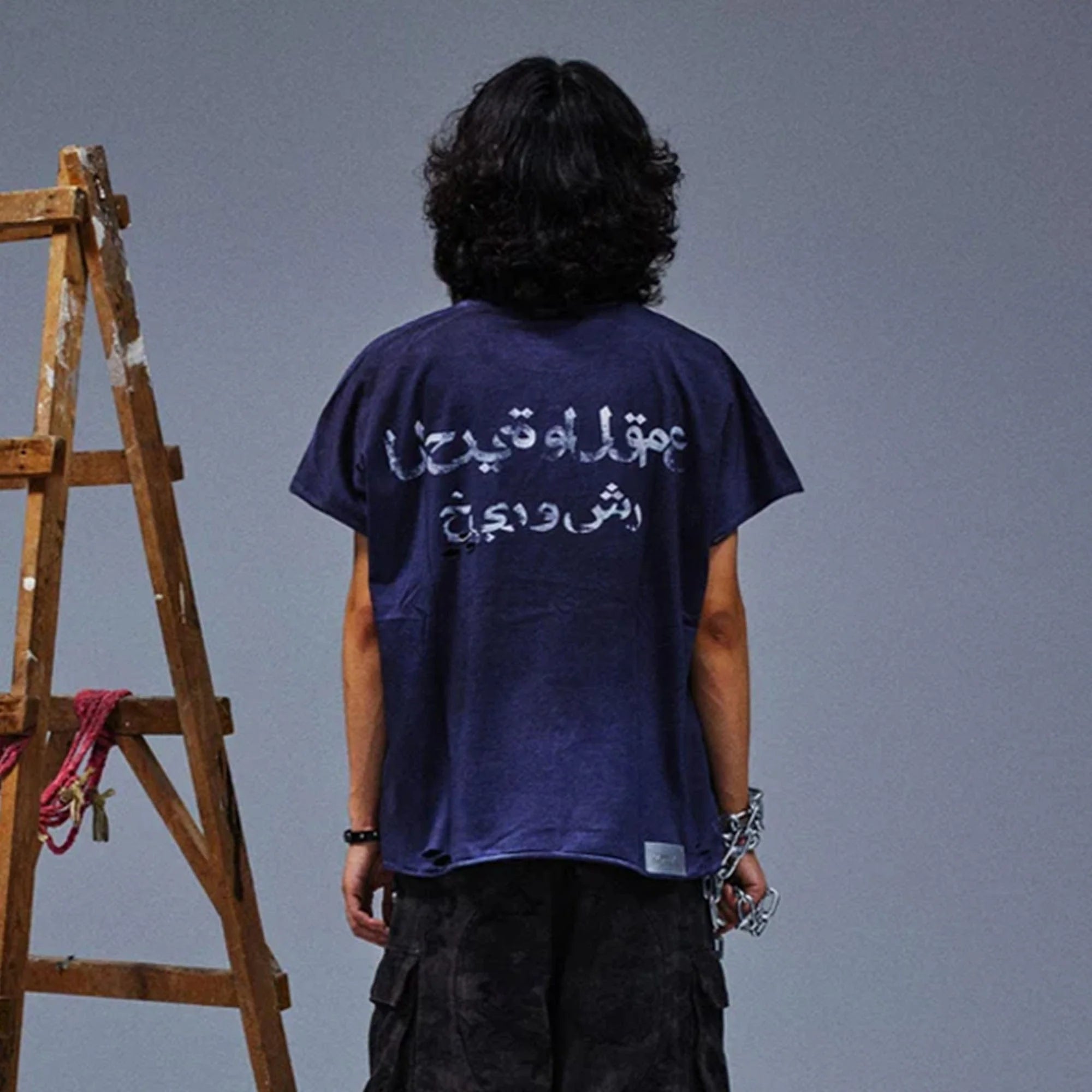 TECNINEGROUP Distressed Blue-Dyed Graphic T-Shirt