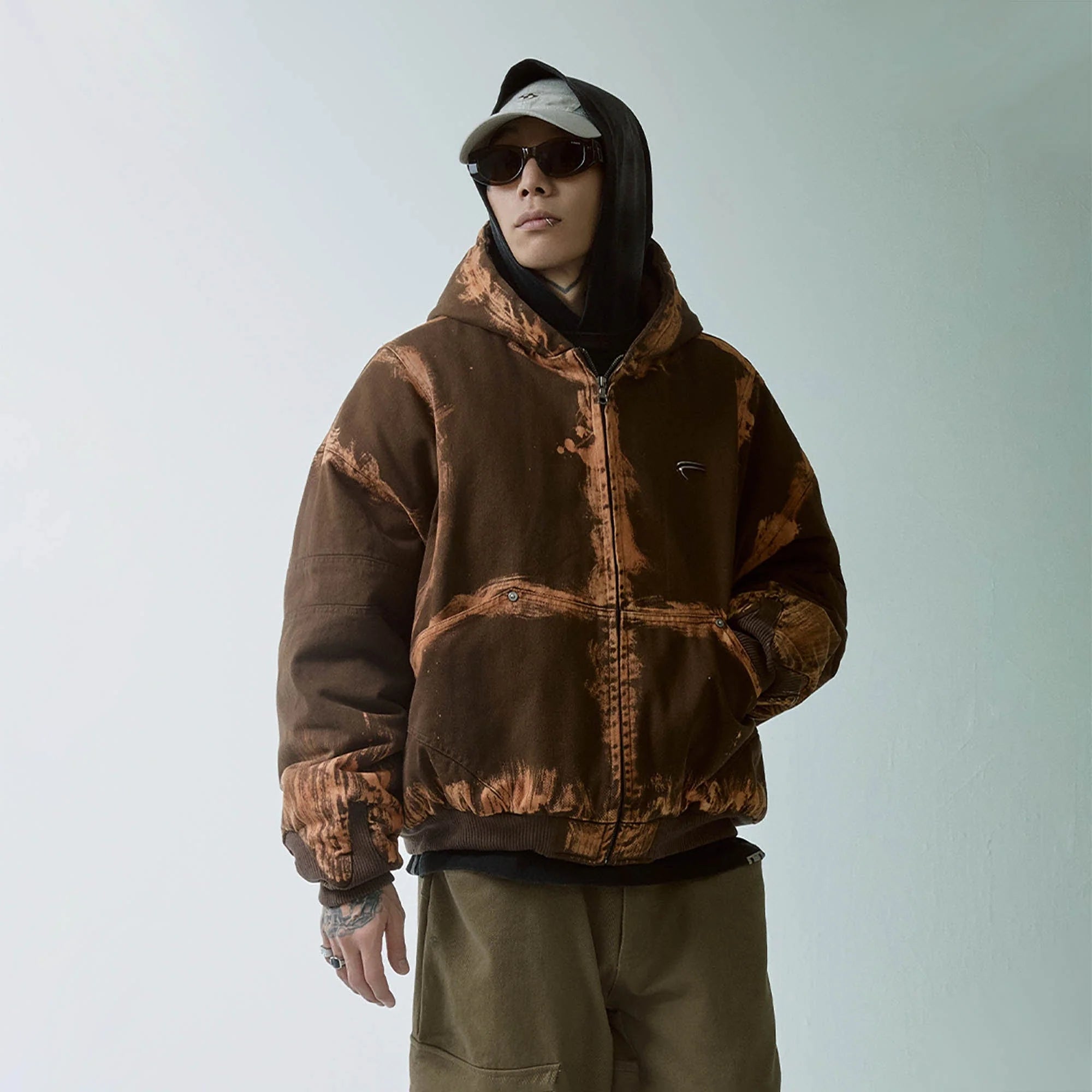 F2CE Brushed Stitch Distressed Hooded Cotton-Padded Jacket