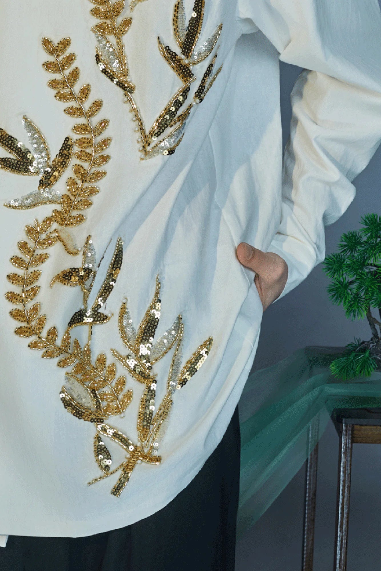 JIECHI Sequin Leaf Embroidered Asymmetrical Wrap Shirt