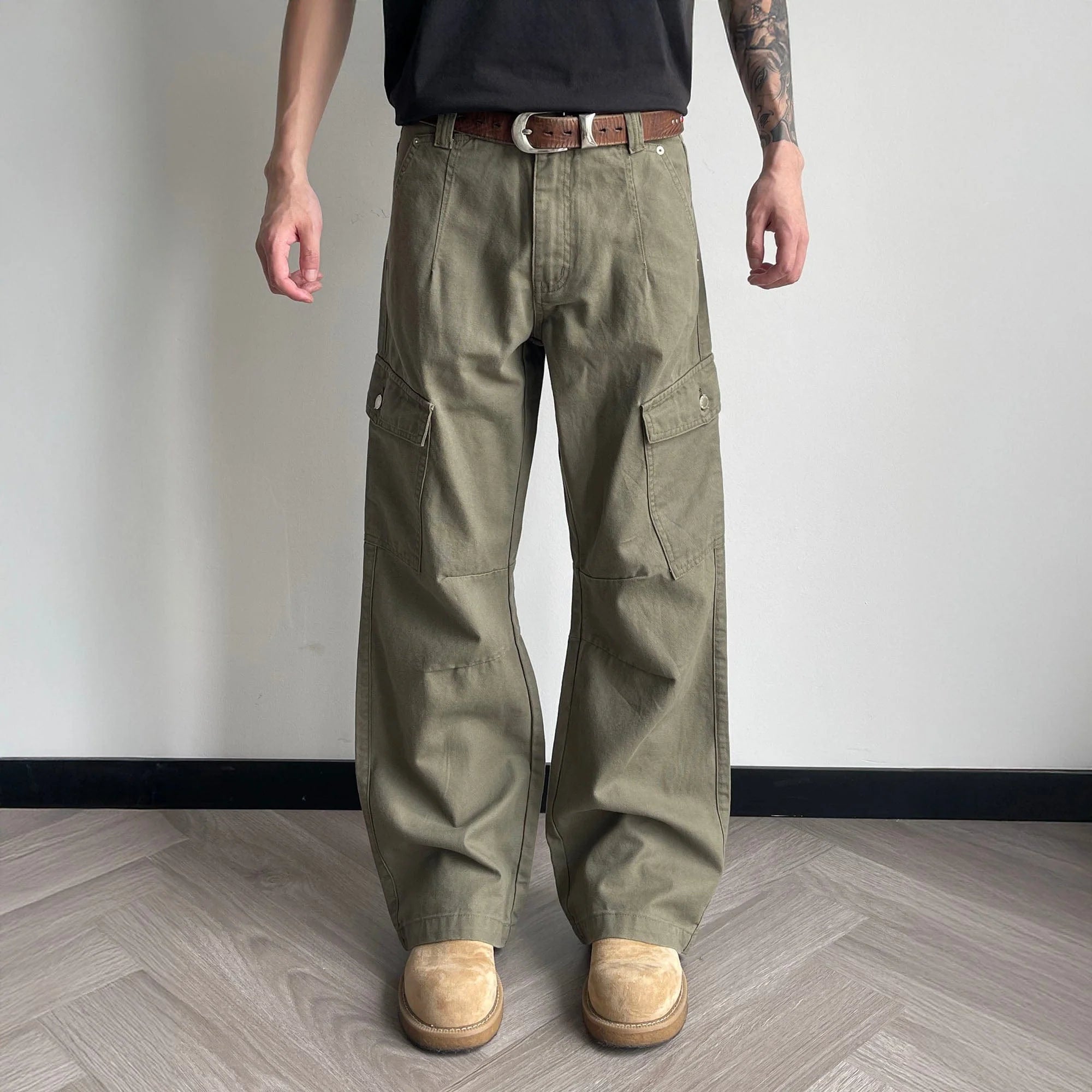 OKAYTHXBYE Washed Button Flap-Pocket Cargo Pants