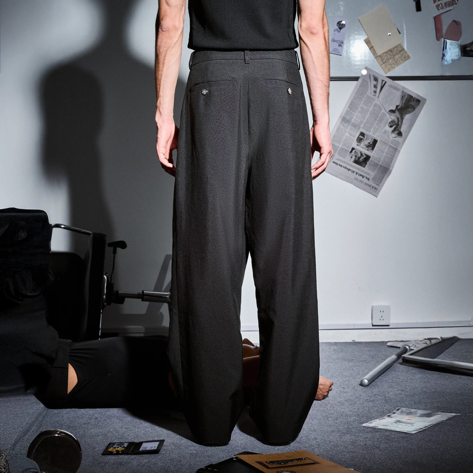455EMBLE Asymmetric Waist Patch Wide-Leg Trousers