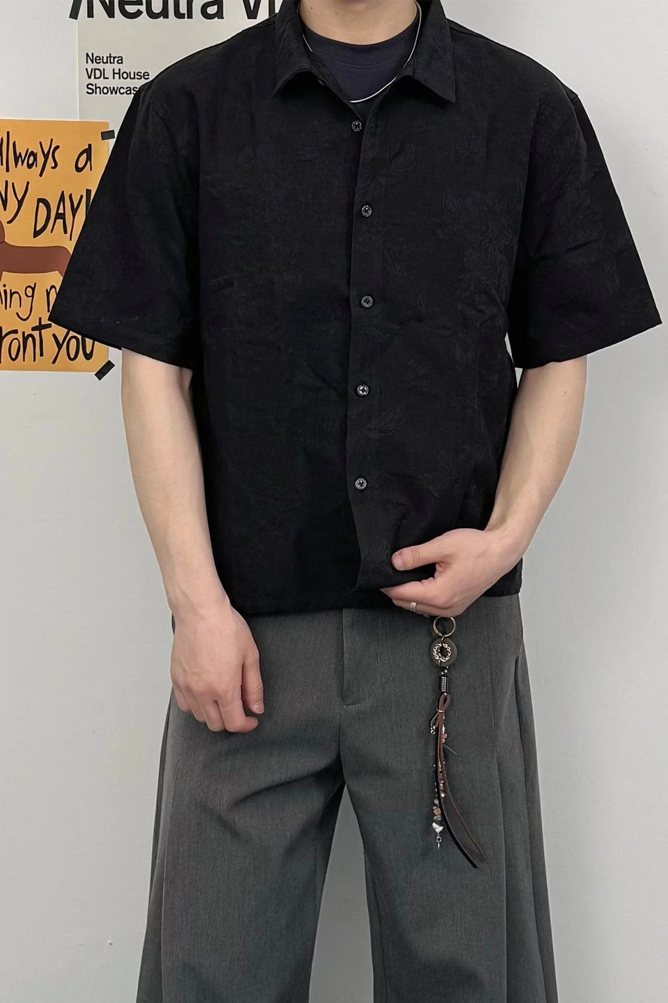 OKAYTHXBYE Floral Embossed Stand Collar Shirt