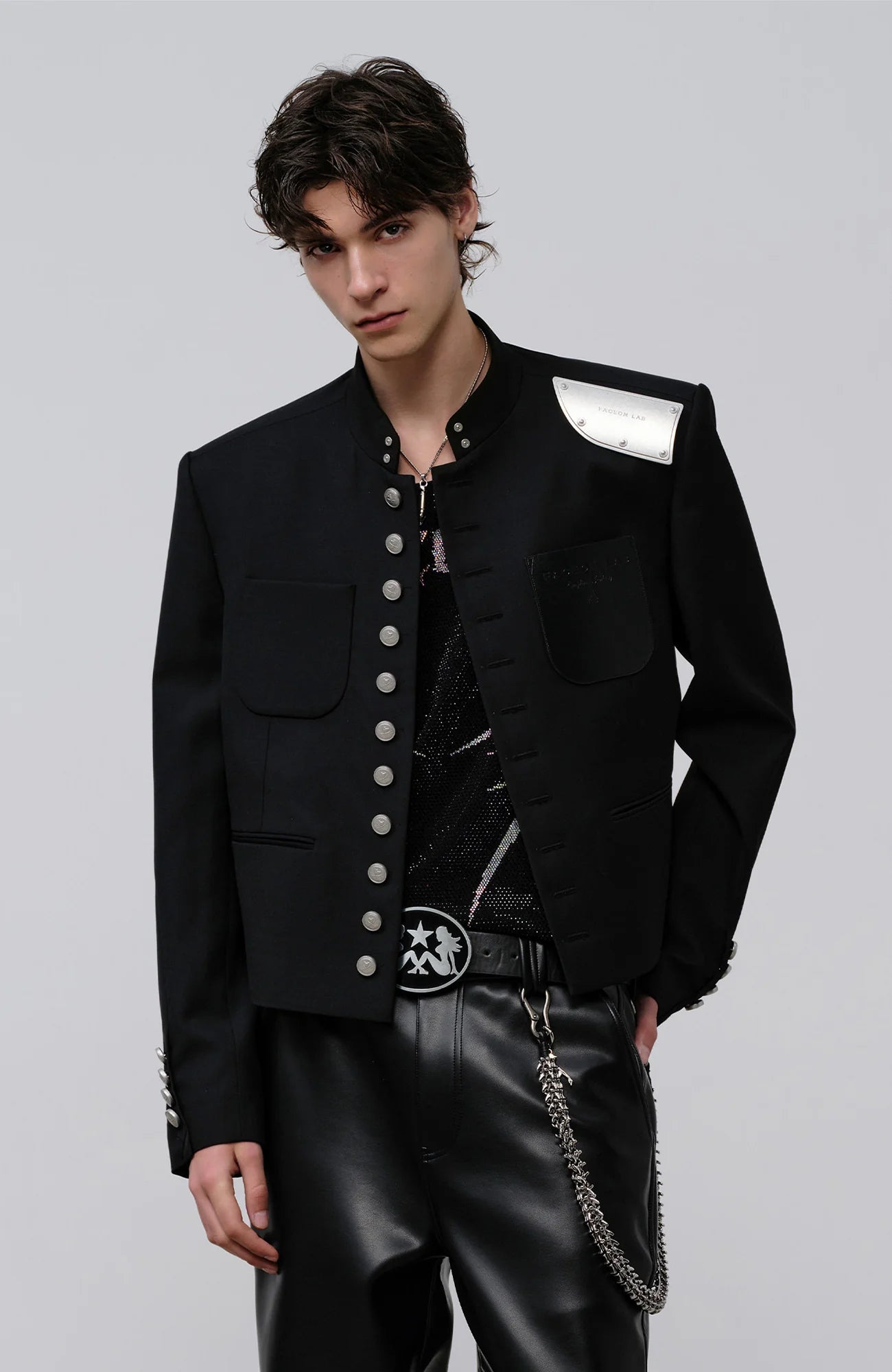 FACEONLAB Stand-Collar Metal-Shoulder Blazer Black