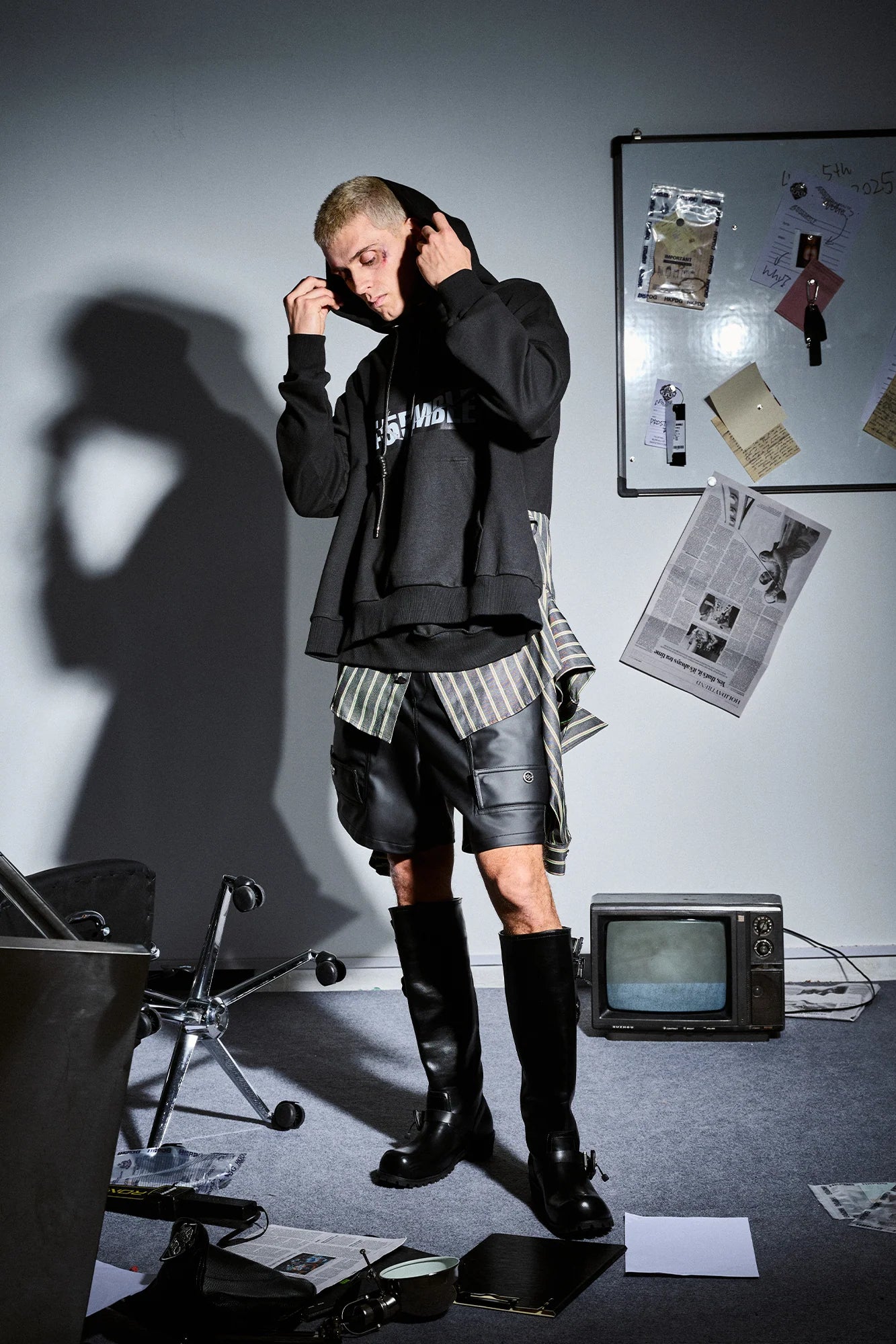 455EMBLE Deconstructed Layered Stripes Shirt-Paneled Hoodie