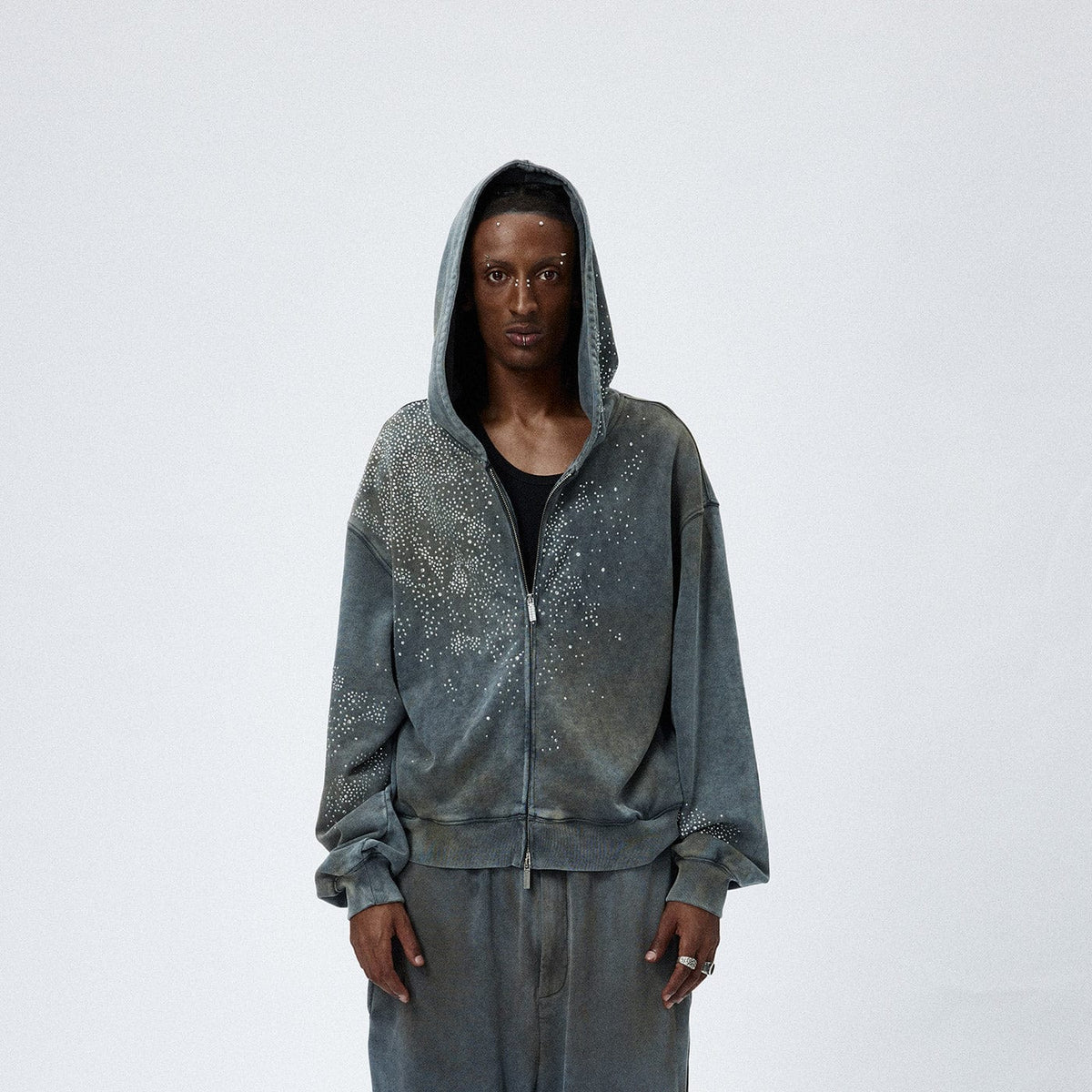 DND4DES Diamond Distressed Zip-Up Hoodie