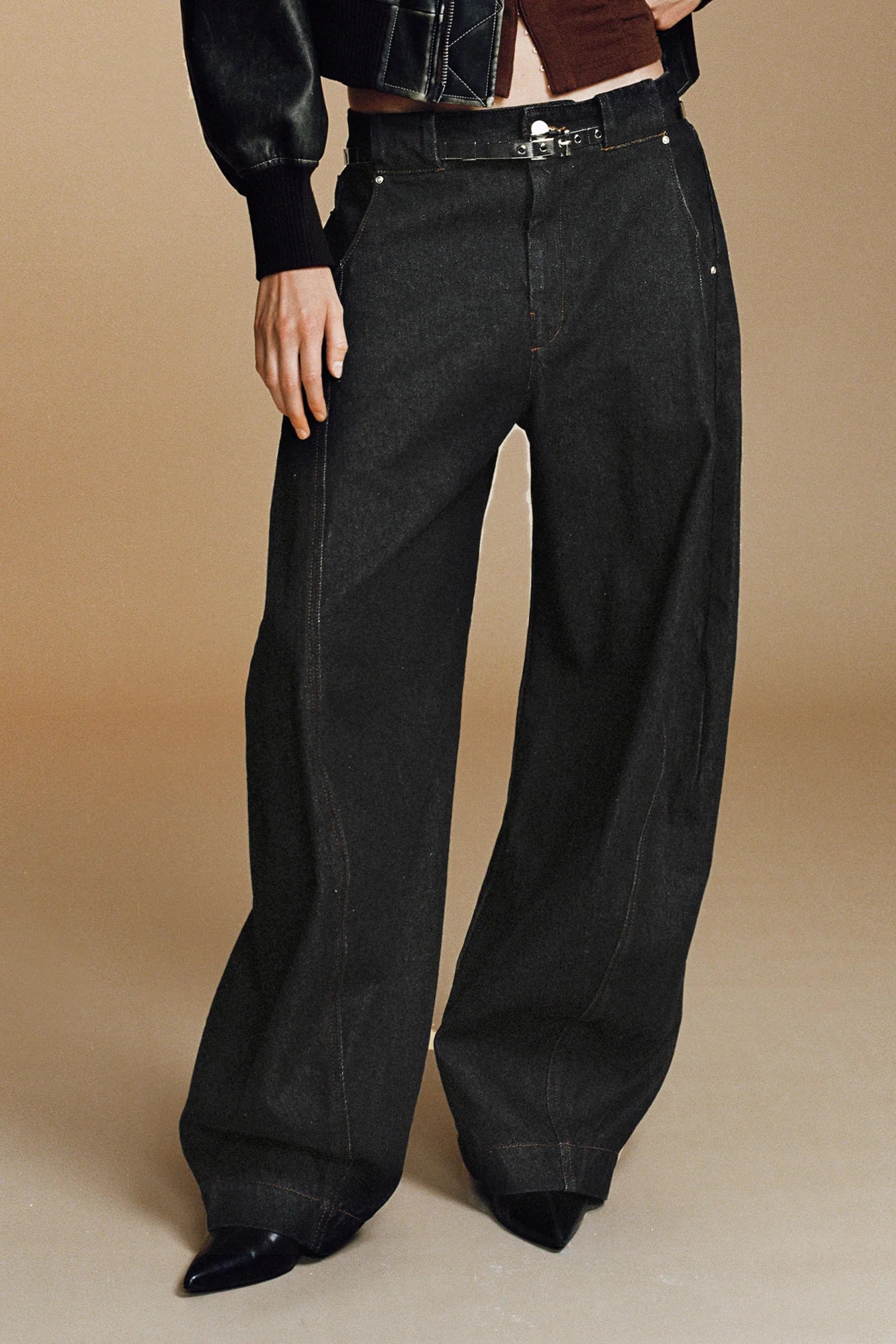 OPICLOTH Curved Panel Oversized Raw Jeans