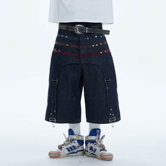DND4DES Star-Rivet Harness-Layered Denim Shorts
