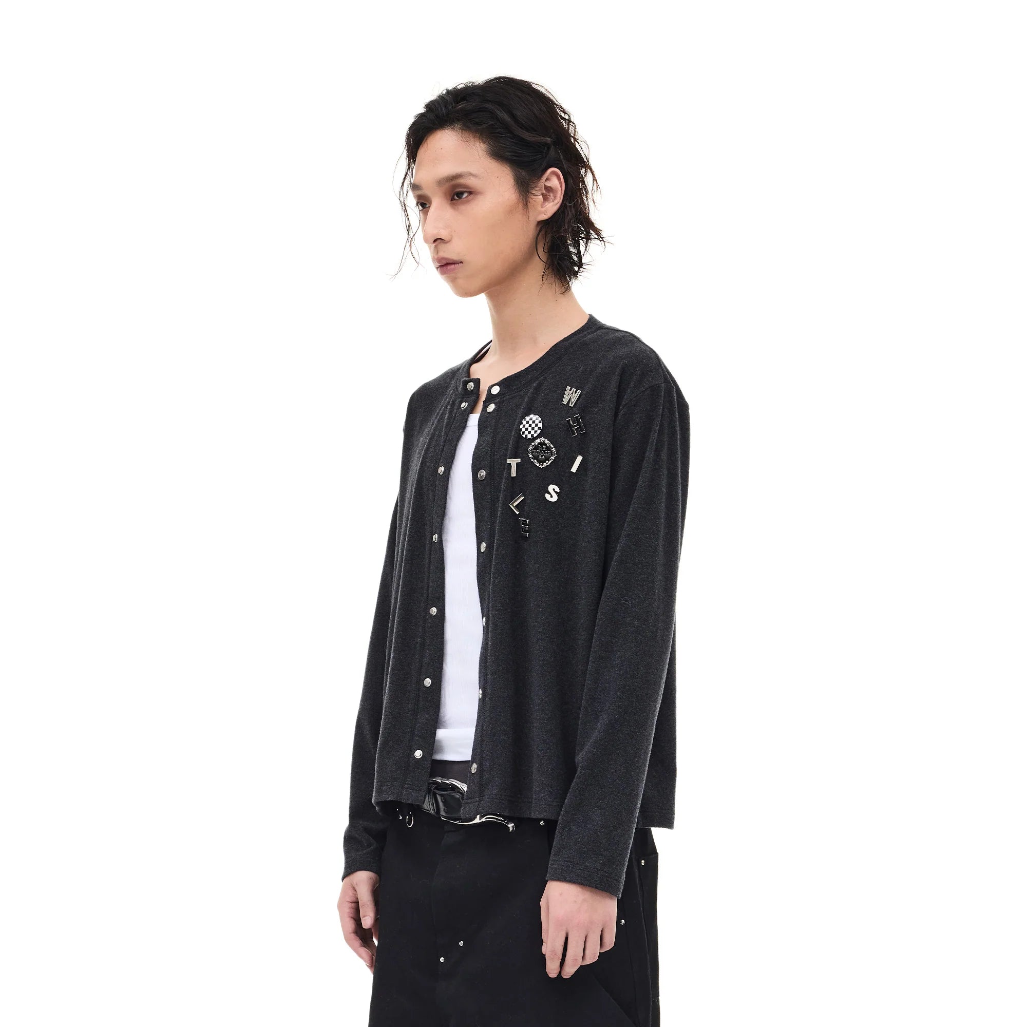WHISTLEHUNTER Monogram Pin Wool-Blend Snap Cardigan
