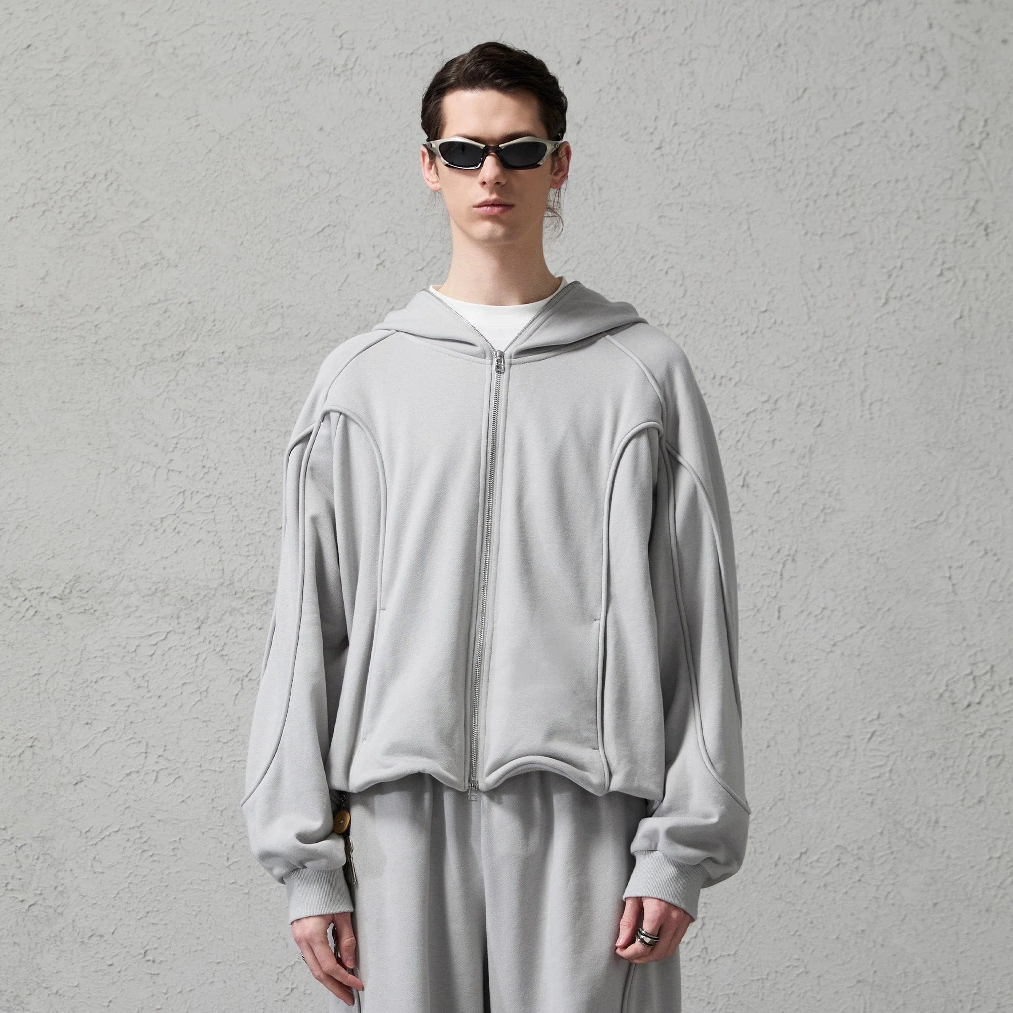 ORGANIC EMOTION Curved Panel Drawstring-Hem Zip-Up Hoodie