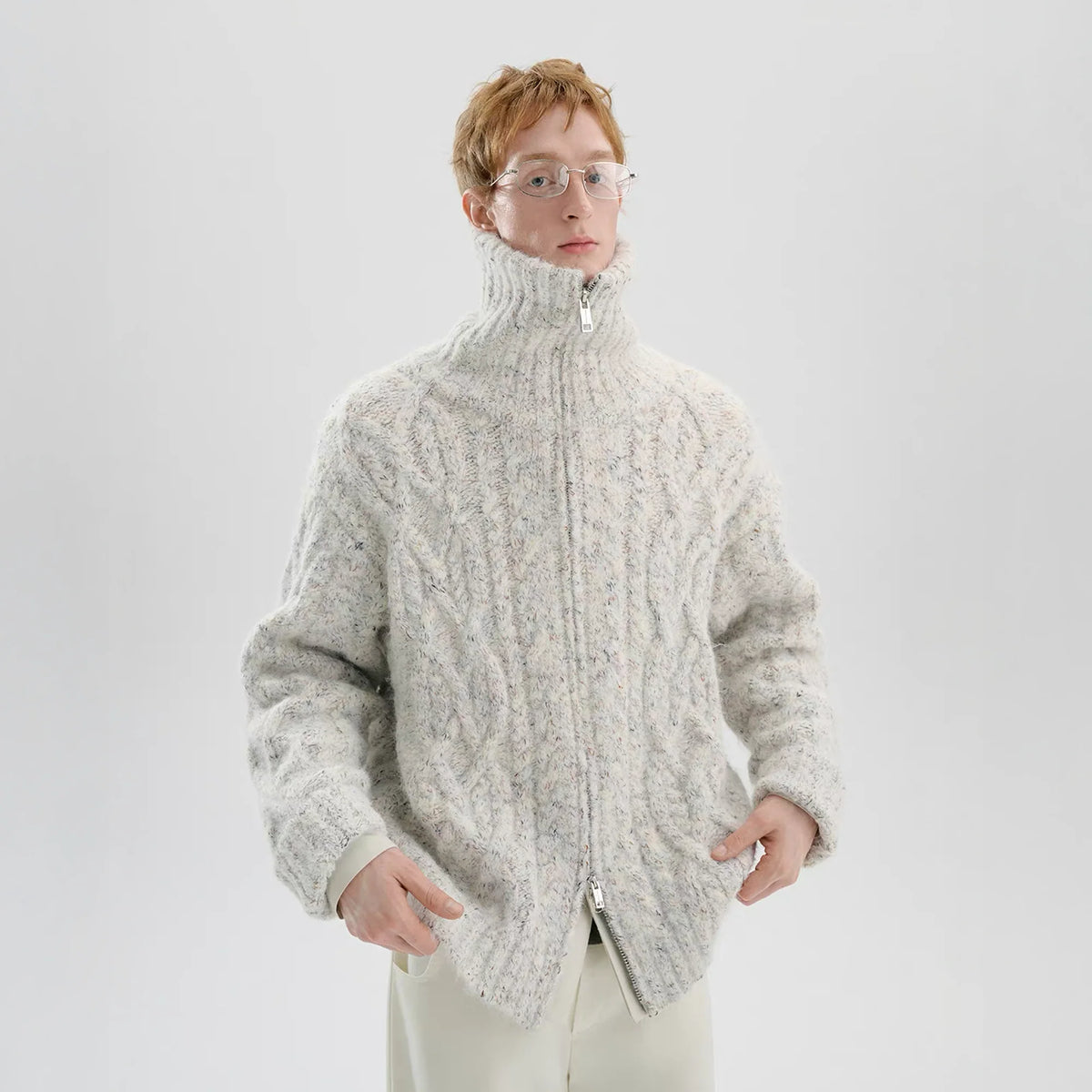 TIWILLTANG Dual-Zipper Cable Knit Funnel Sweater