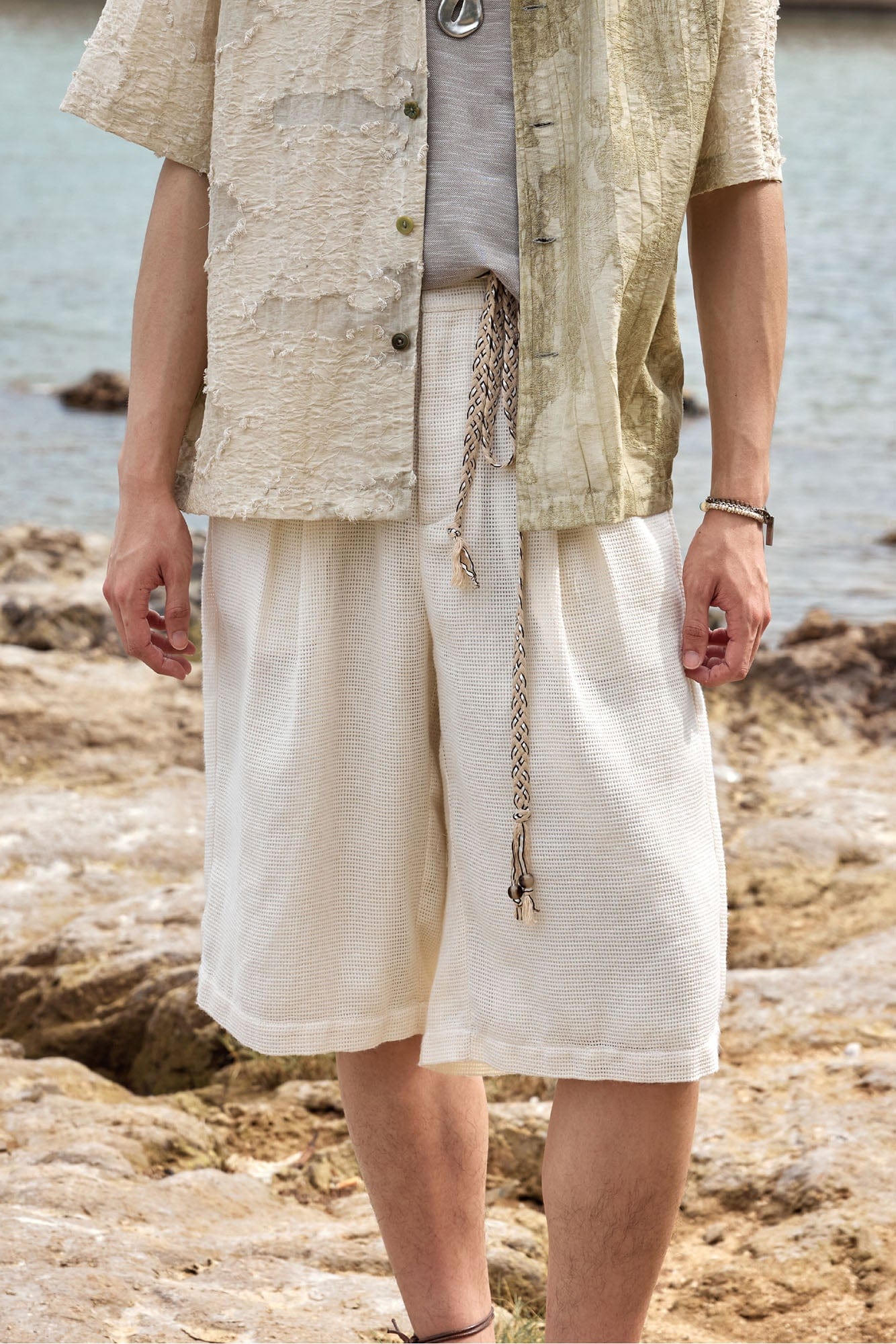 ALVNG AR ANTS Textured Mesh Pleated Braided Tassel Belt Shorts