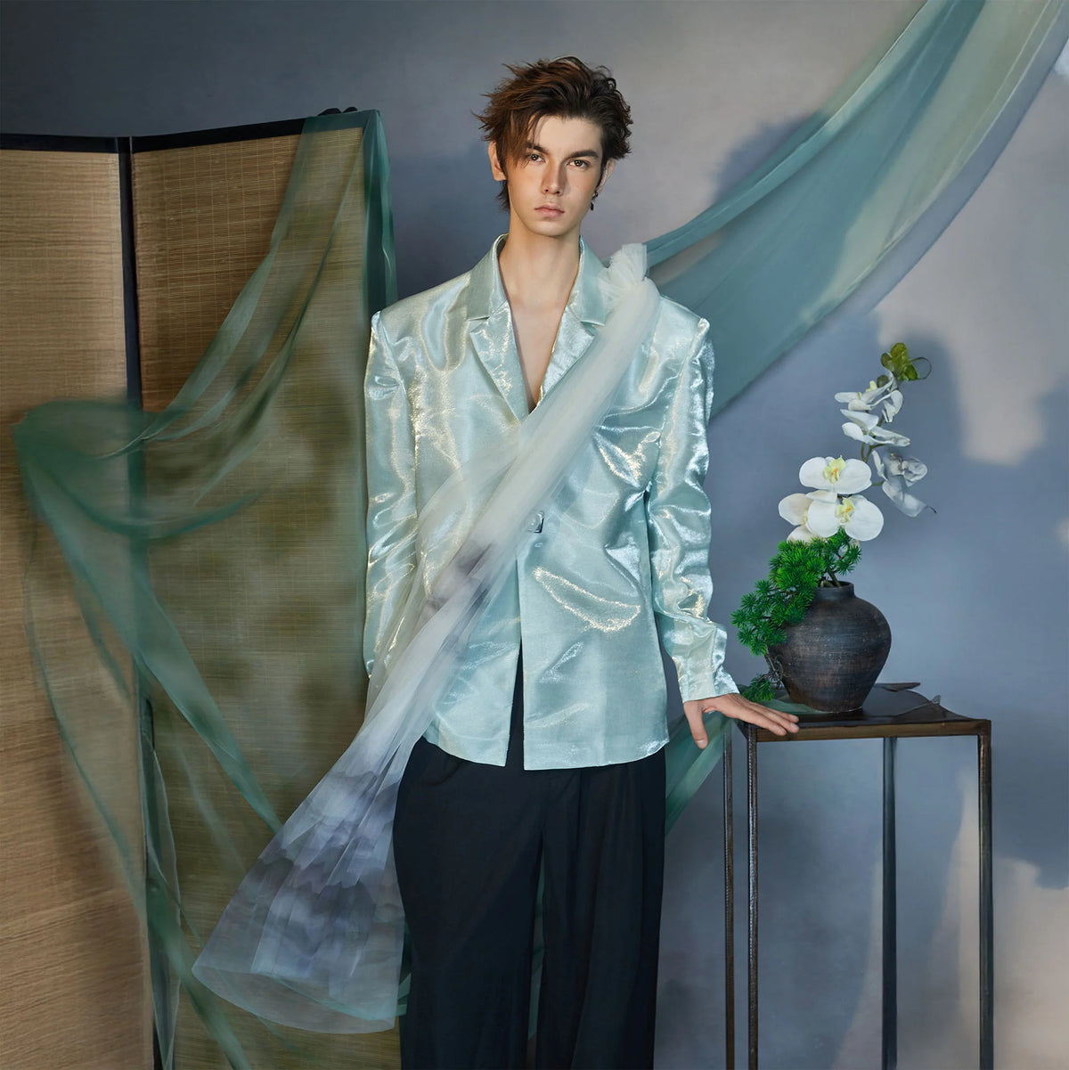 JIECHI Gradient Tulle Drape Satin Blazer