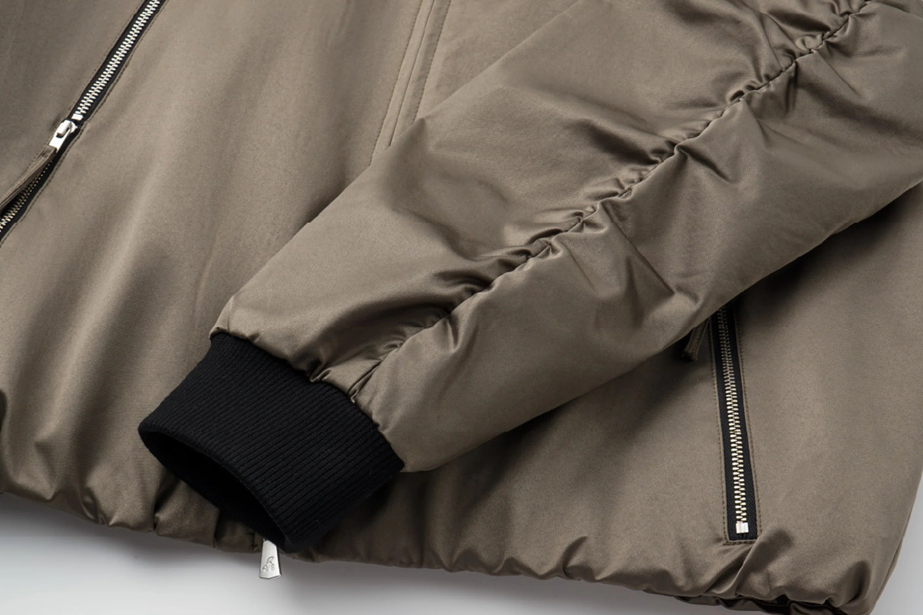 ALVNG AR ANTS Ruched-Sleeve Dual-Zips Bomber Jacket
