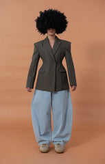 CLP Cinched-Waist Padded Shoulder Blazer Brown