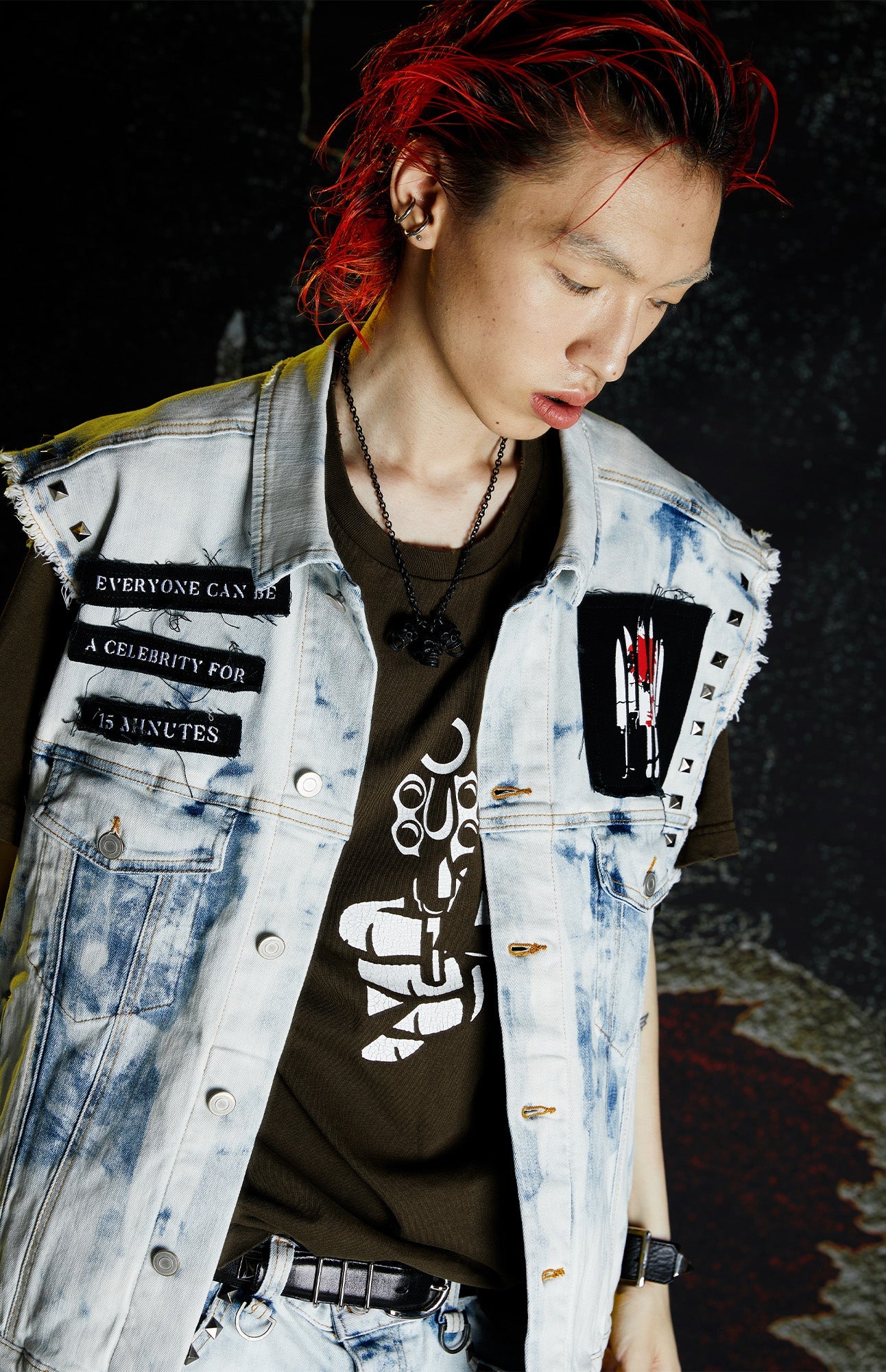 VENTUREK Distressed Washed Studded Patch Denim Vest
