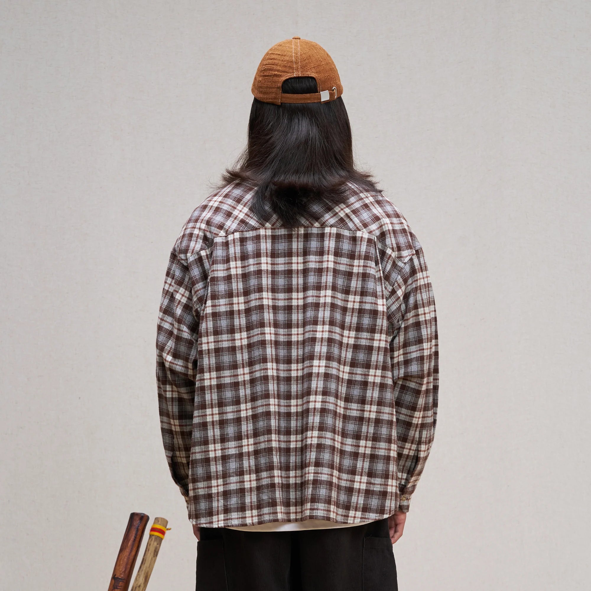 UNLIMITED MOTE Plaid Oversized Half-Open Collar Shirt Brown