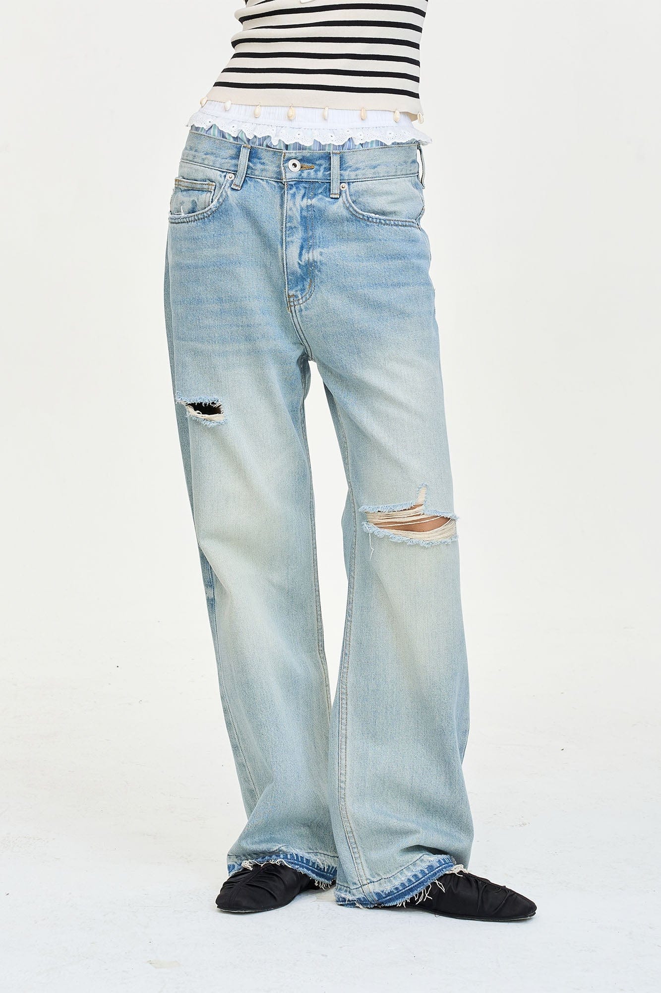 LEONSENSE Washed Ripped Frayed Straight-Leg Jeans