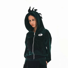 EMBRYO Dinosaur Velvet Cropped Zip-Up Hoodie