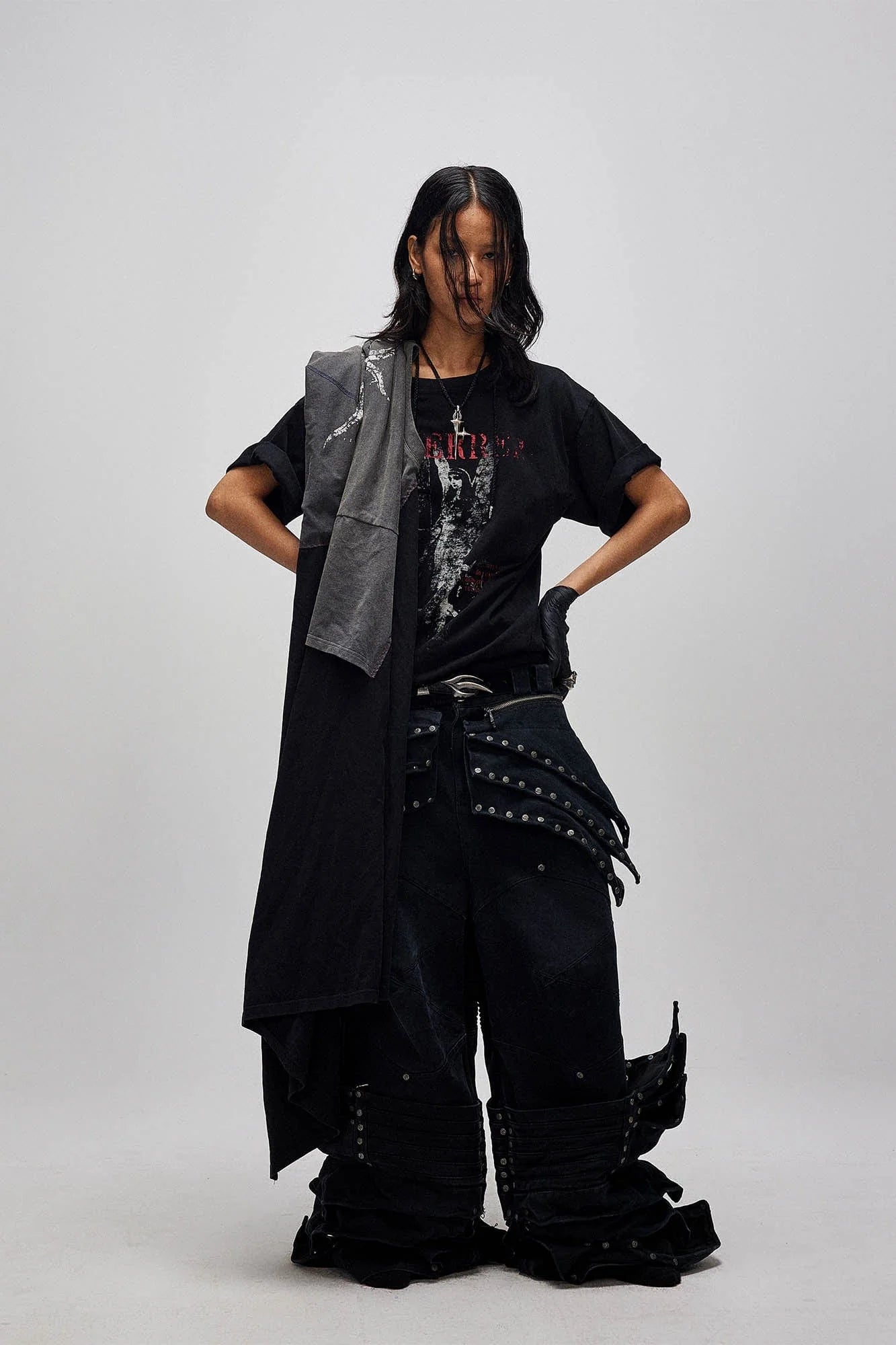 FLYERRER Asymmetrical Twin-Layer Draped T-Shirt