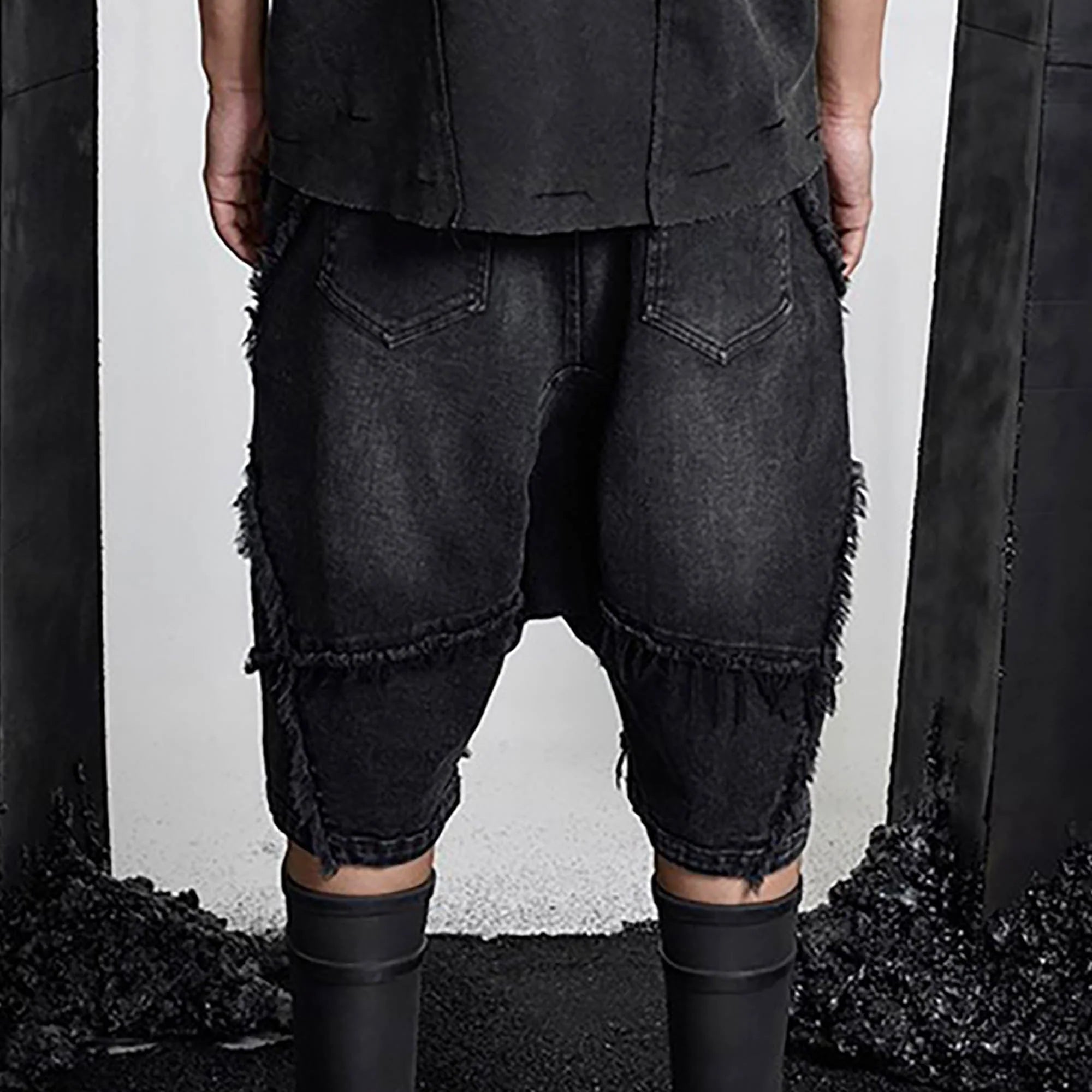 SSIN7 Washed Frayed Spliced Denim Shorts