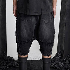 SSIN7 Washed Frayed Spliced Denim Shorts