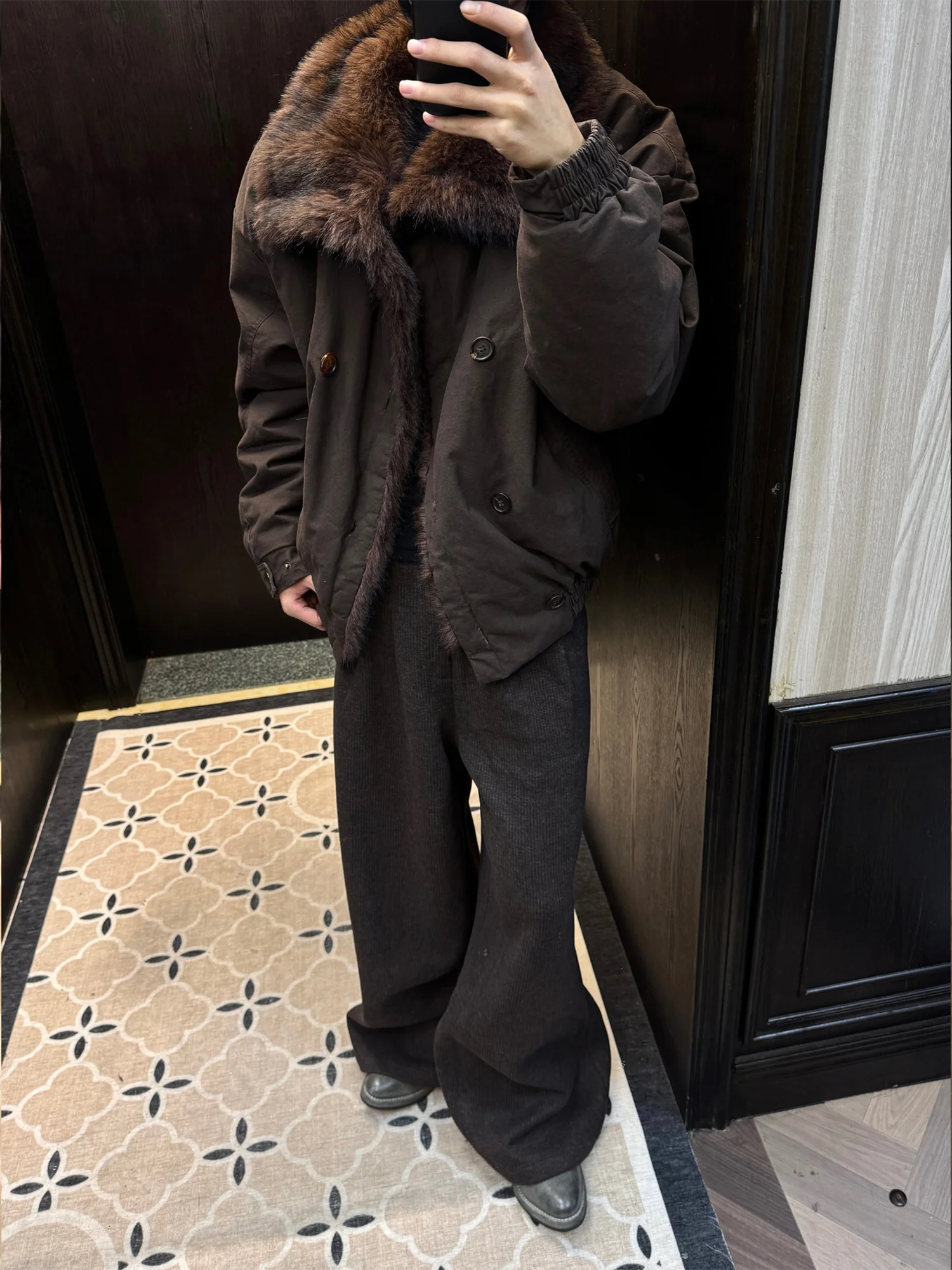 TRECLUB Double-Breasted Faux-Fur Lining Bomber Jacket