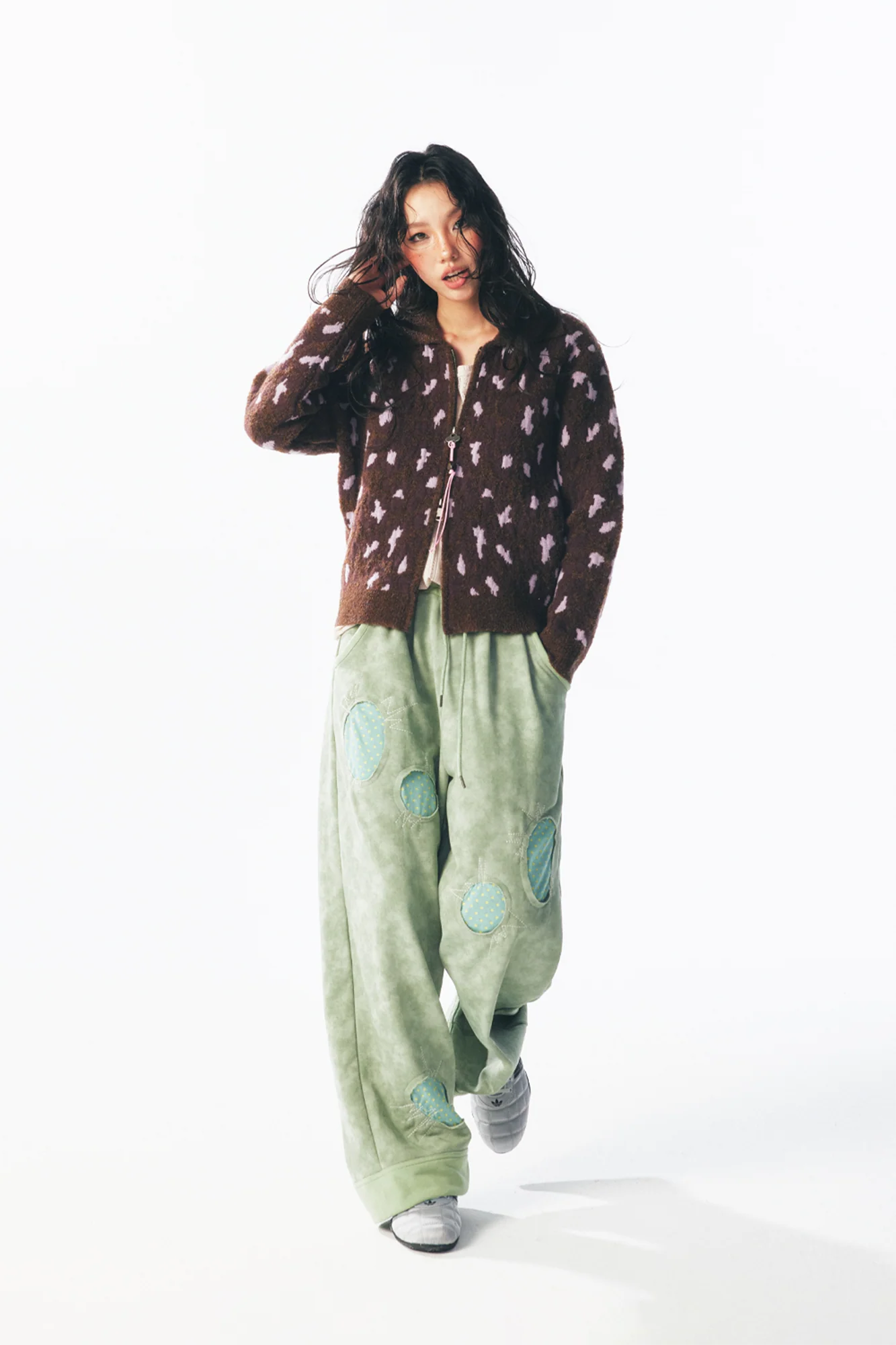 1997 POSTOFFICE Fuzzy Strawberry-Leopard Dual-Zip Knit Jacket